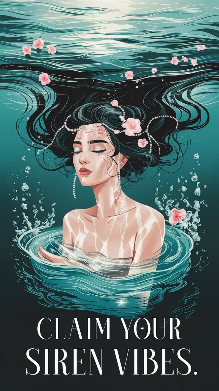 Witch altar inspiration Another illustration of a siren surrounded by water, wearing pearls and delicate floral accents, embodying a captivating and serene oceanic presence.