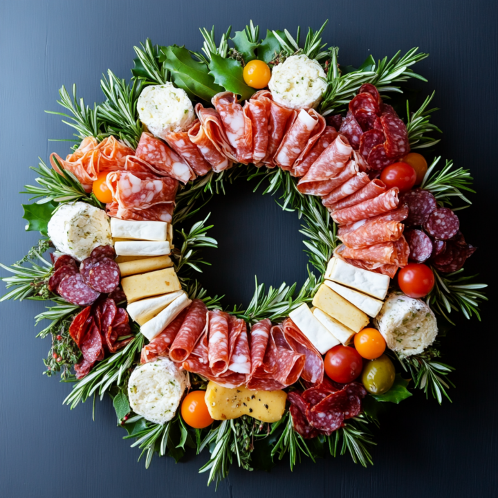 Yule Charcuterie Wreath Holiday Appetizer A beautifully arranged Yule charcuterie wreath featuring a festive circular arrangement of cured meats, cheeses, and fresh rosemary. Bright red cherry tomatoes and green olives add pops of holiday color, with creamy cheeses and folded meats creating a visually stunning and appetizing centerpiece perfect for a Winter Solstice celebration or Yule gathering.
