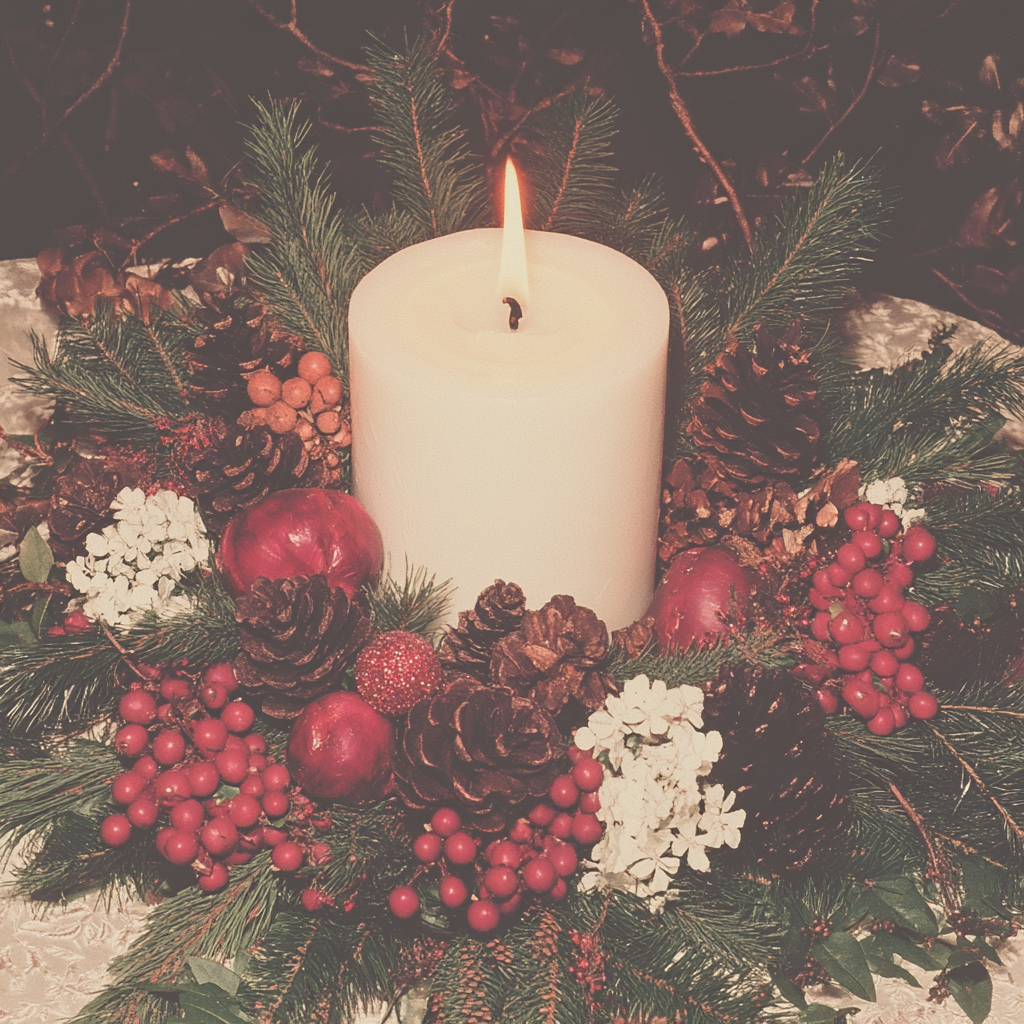 A centerpiece featuring a large white candle surrounded by vibrant greenery, red berries, pinecones, and small flowers, symbolizing the festive and natural elements of Yule.