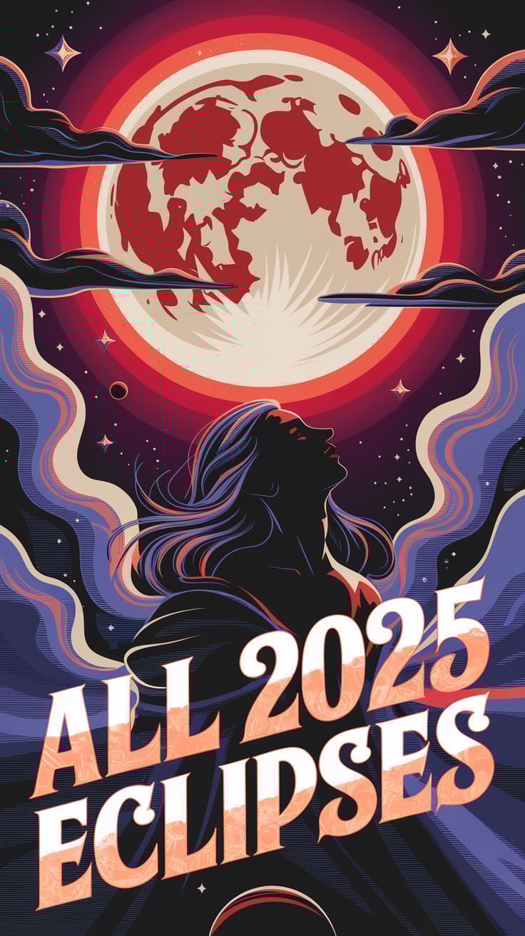 A detailed scene featuring a radiant lunar eclipse in deep red tones. A meditative figure sits below, surrounded by swirling cosmic clouds and stars, highlighting themes of spiritual practices and lunar rituals.