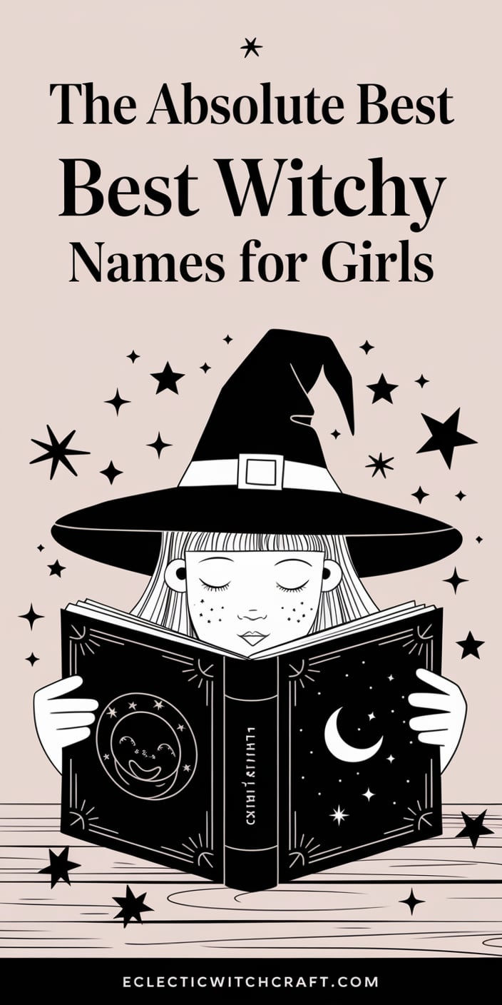 An enchanting design for the best witchy baby names for girls, featuring magical symbols like stars and a crescent moon. Perfect for parents seeking unique, mystical names with a touch of dark feminine energy. If you explore these names, you’ll love finding the perfect match for your magical little one!