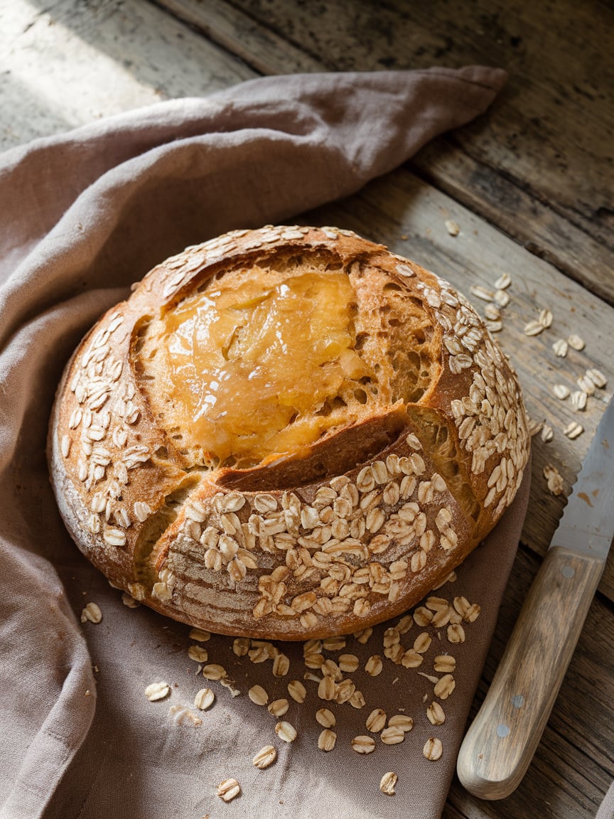 Artisan honey oat bread photography Decorative Image | Honey Oat Sourdough Bread: A Lughnasadh Delight | Honey oat sourdough bread is a perfect way to celebrate the Lughnasadh season with a delicious, homemade loaf that captures the essence of the first harvest. This rustic bread combines the nutty flavor of oats with the subtle sweetness of honey and the tangy depth of sourdough, creating a loaf that is both hearty and satisfying. Baking your own bread is a wonderful way to connect with the earth and express gratitude for the bounty of the season.