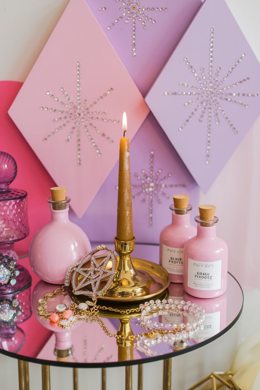 A dreamy altar with a sleek gold candle holder, pastel pink bottles, and sparkling rhinestone decorations. A large pentacle necklace sits draped over a gold candle, surrounded by glittering beads on a reflective tabletop.