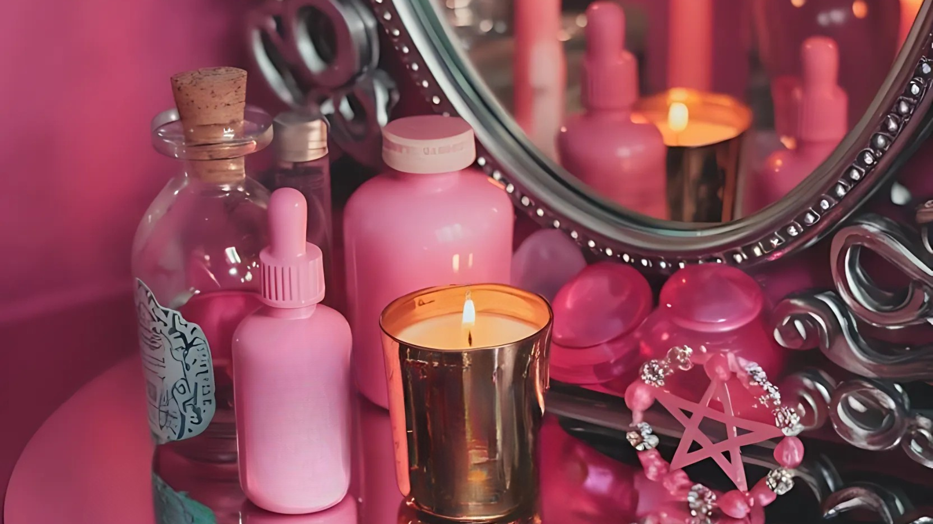A playful yet chic altar with a gold candle, glittering pentacle necklace, and hot pink potion bottles on a mirrored surface. Pink and lavender tones dominate the backdrop, adorned with sparkling geometric designs for a magical vibe.