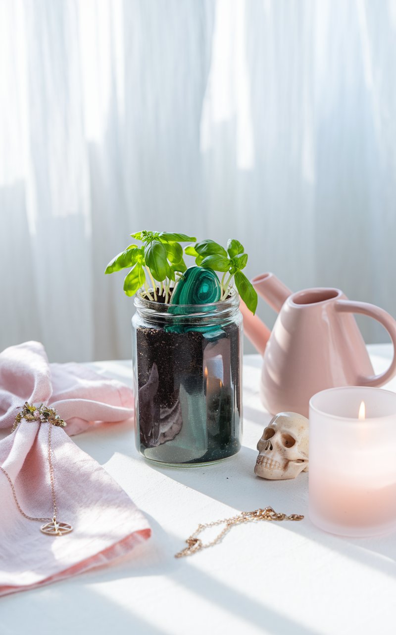 A clear glass jar filled with rich, dark soil and sprouting bright green basil leaves, with a vibrant green malachite crystal nestled inside. The jar is surrounded by soft pink accents, including a pastel pink watering can, a delicate pink cloth, and a frosted candleholder. A small, carved skull and a gold pentacle necklace add a subtle witchy aesthetic. Natural sunlight filters through sheer white curtains, creating a bright and airy atmosphere.