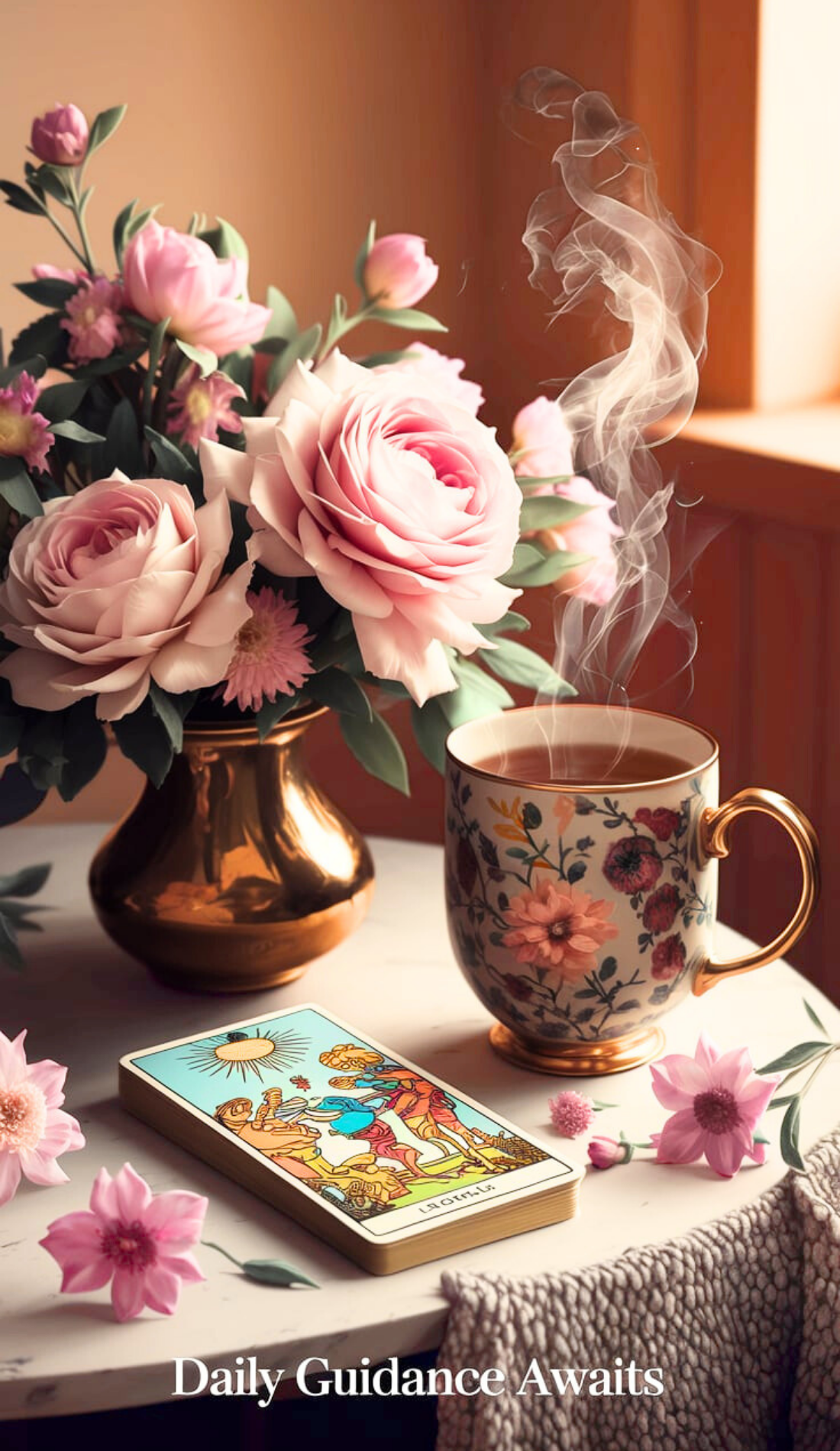 A tarot card laid out beside a steaming cup of tea and a bouquet of pastel roses, creating a dreamy morning setting. Highlights witchy morning routines, wellness morning motivation, and spiritual positive quotes. Encourages incorporating daily guidance and witch rituals into energizing morning rituals.