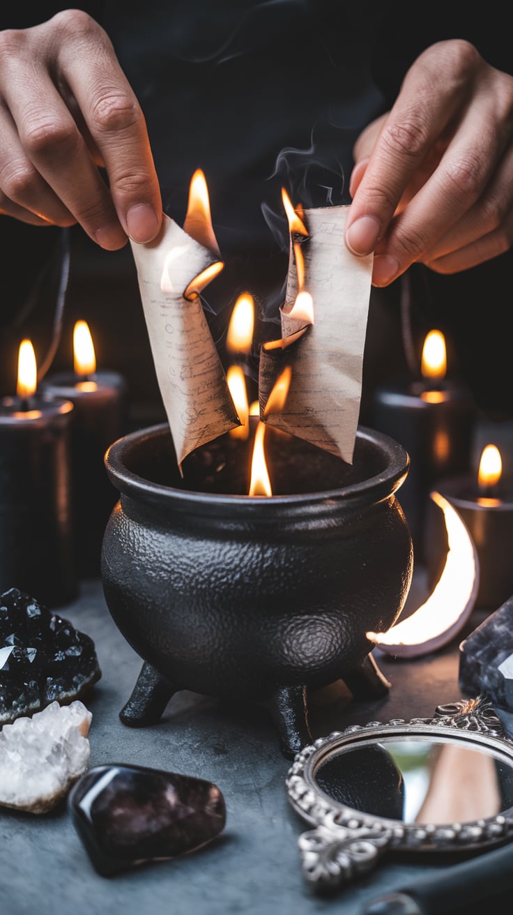 Burning paper ritual for release A close-up of hands burning paper over a black cauldron, surrounded by black candles, crystals like obsidian and quartz, and a vintage mirror. A powerful banishing ritual for the waning crescent moon phase, symbolizing emotional cleansing, letting go, and releasing negativity. Perfect for Pinterest boards about shadow work, spiritual growth, and ritual ideas.