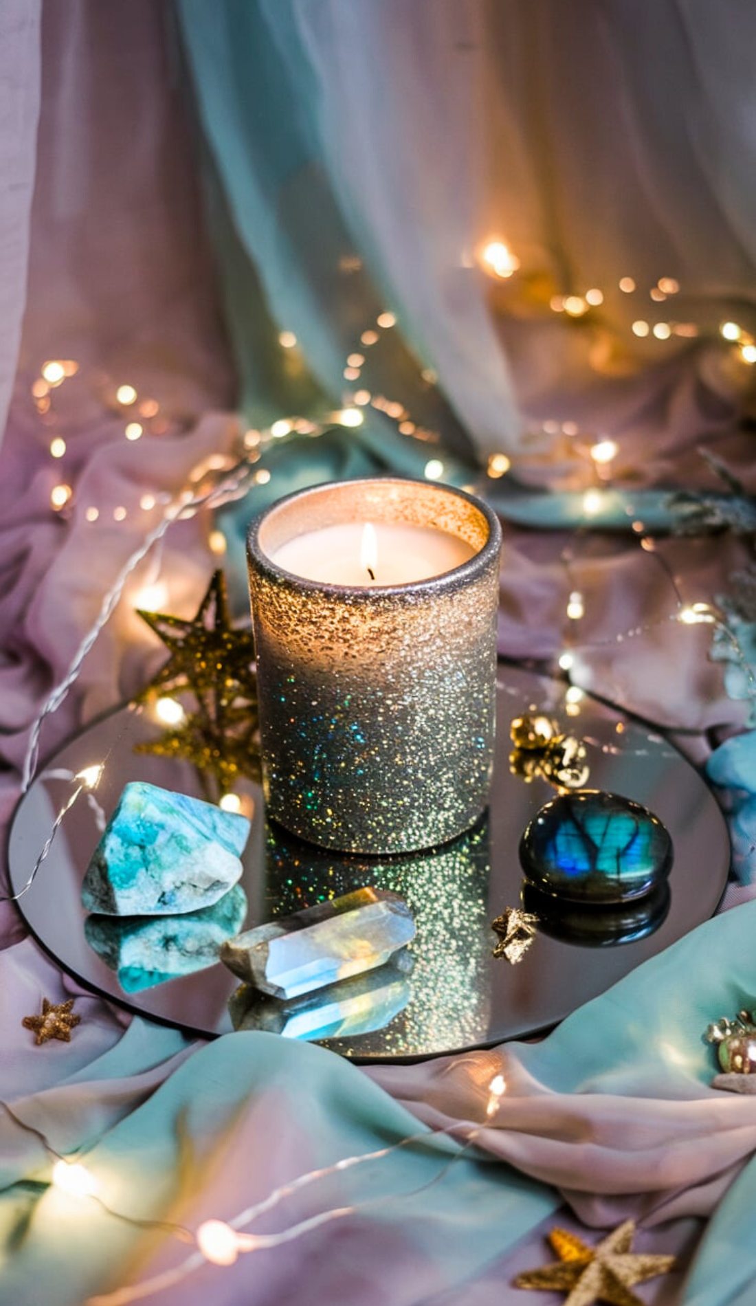 Glittery celestial candle surrounded by crystals, fairy lights, and stars on a reflective surface. This image showcases a magical, starry Imbolc altar concept that combines light and crystals for a cosmic ambiance. Ideal for readers looking for a mystical aesthetic.