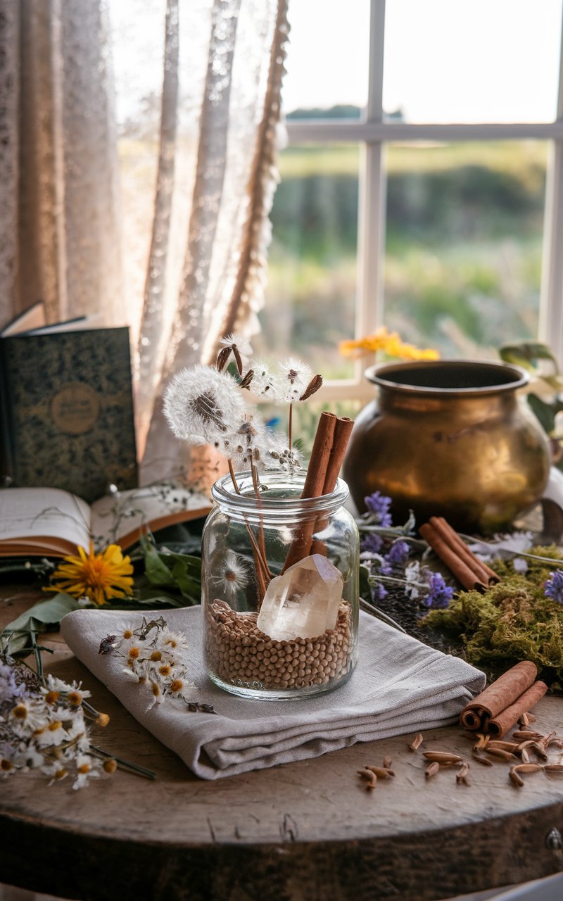 A cozy tabletop with a glass jar of dandelion seeds, citrine, and cinnamon sticks resting on folded linen. Surrounding the jar are chamomile flowers, a sprig of rosemary, and an open spellbook with handwritten notes. The background features a softly lit countryside view through lace curtains, enhancing the rustic and magical vibe.