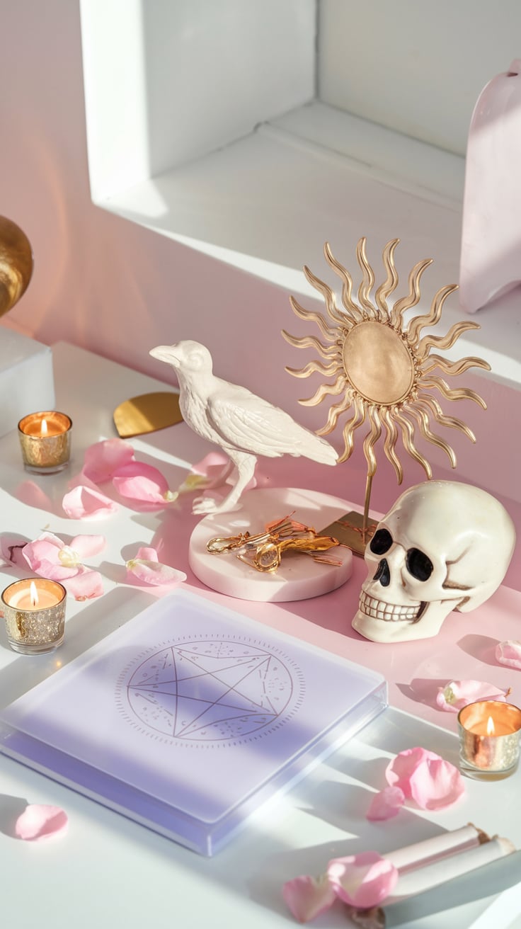 A bright and minimalistic setup with a clean girl witch vibe. The centerpiece is a white bird statue standing next to a golden sun sculpture, a white skull, and scattered pink rose petals. Gold-trimmed candles illuminate the space, while a pastel lavender pentacle book adds a mystical touch. The soft, natural light enhances the pastel tones.