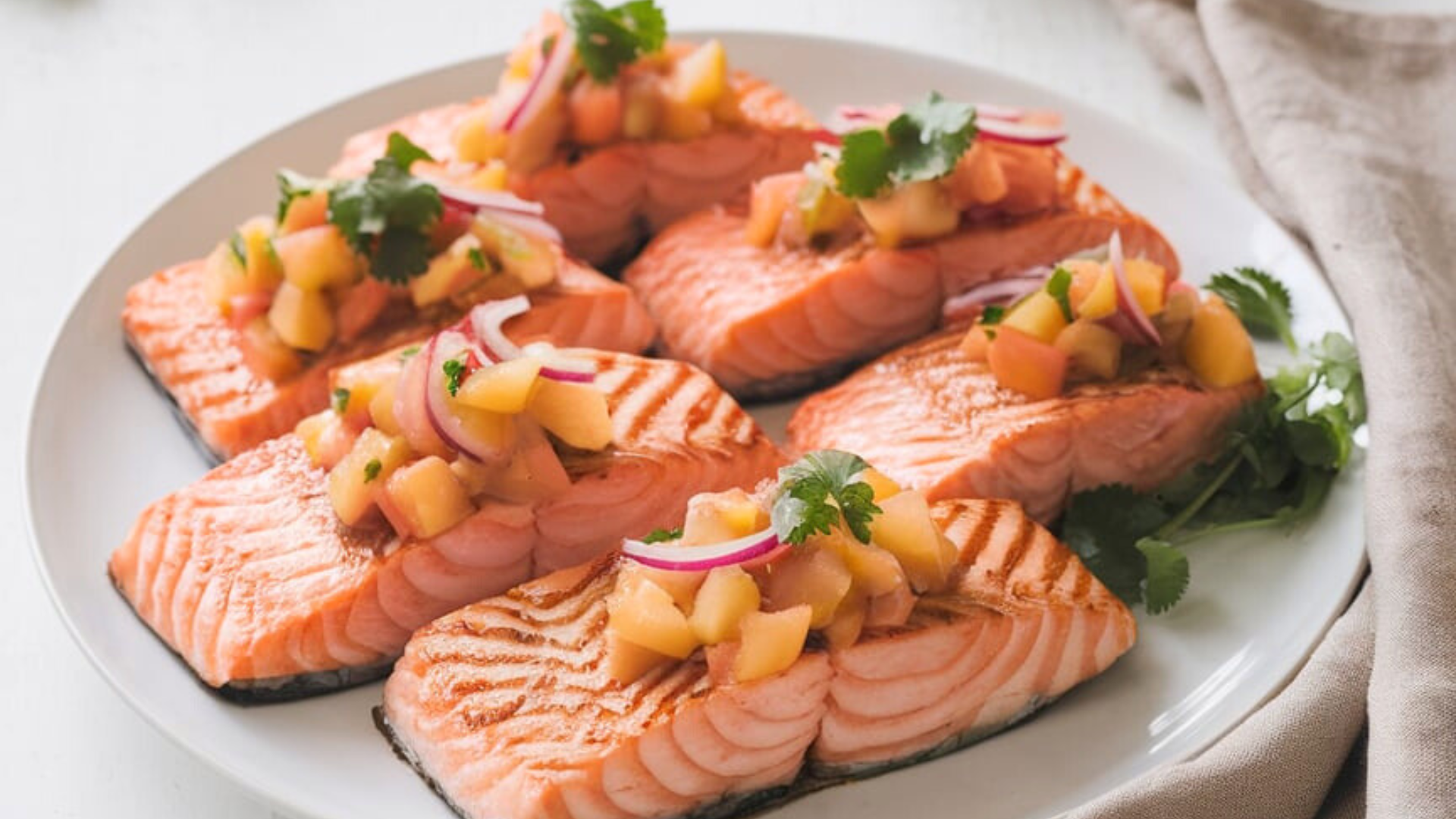 Coastal salmon summer dish A close-up view of six perfectly grilled salmon fillets neatly arranged on a round white plate. Each fillet is topped with a colorful peach salsa made of diced peaches, red onion, and fresh cilantro. The vibrant salsa adds a pop of yellow and green, contrasting beautifully with the rich, pinkish-orange hue of the salmon. A soft beige napkin is partially visible on the side, adding a touch of rustic charm. The overall composition is clean and inviting, ideal for showcasing the dish’s summery appeal.