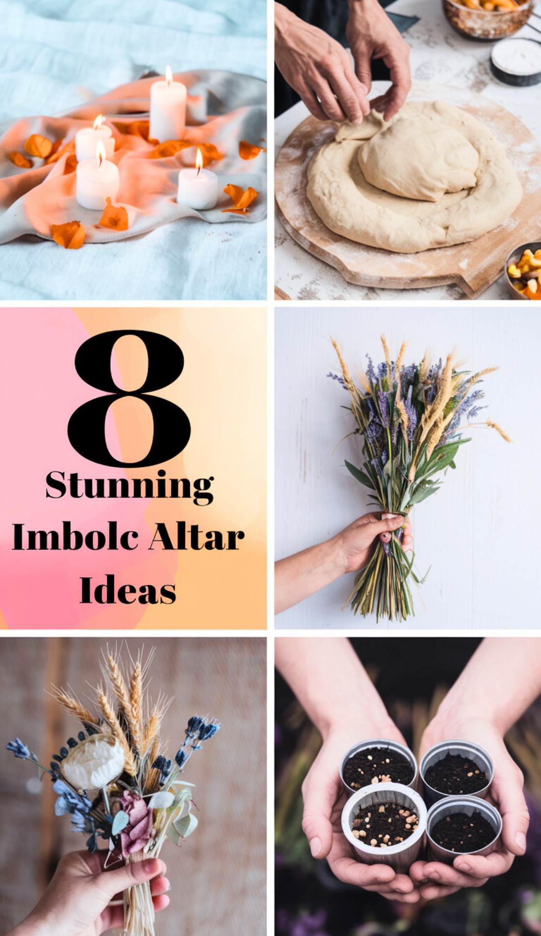 Collage of Imbolc altar ideas, featuring candles, wheat bundles, and seeds for planting. This image visually summarizes the post, providing readers with a quick overview of simple and accessible ideas for creating their own Imbolc altar.