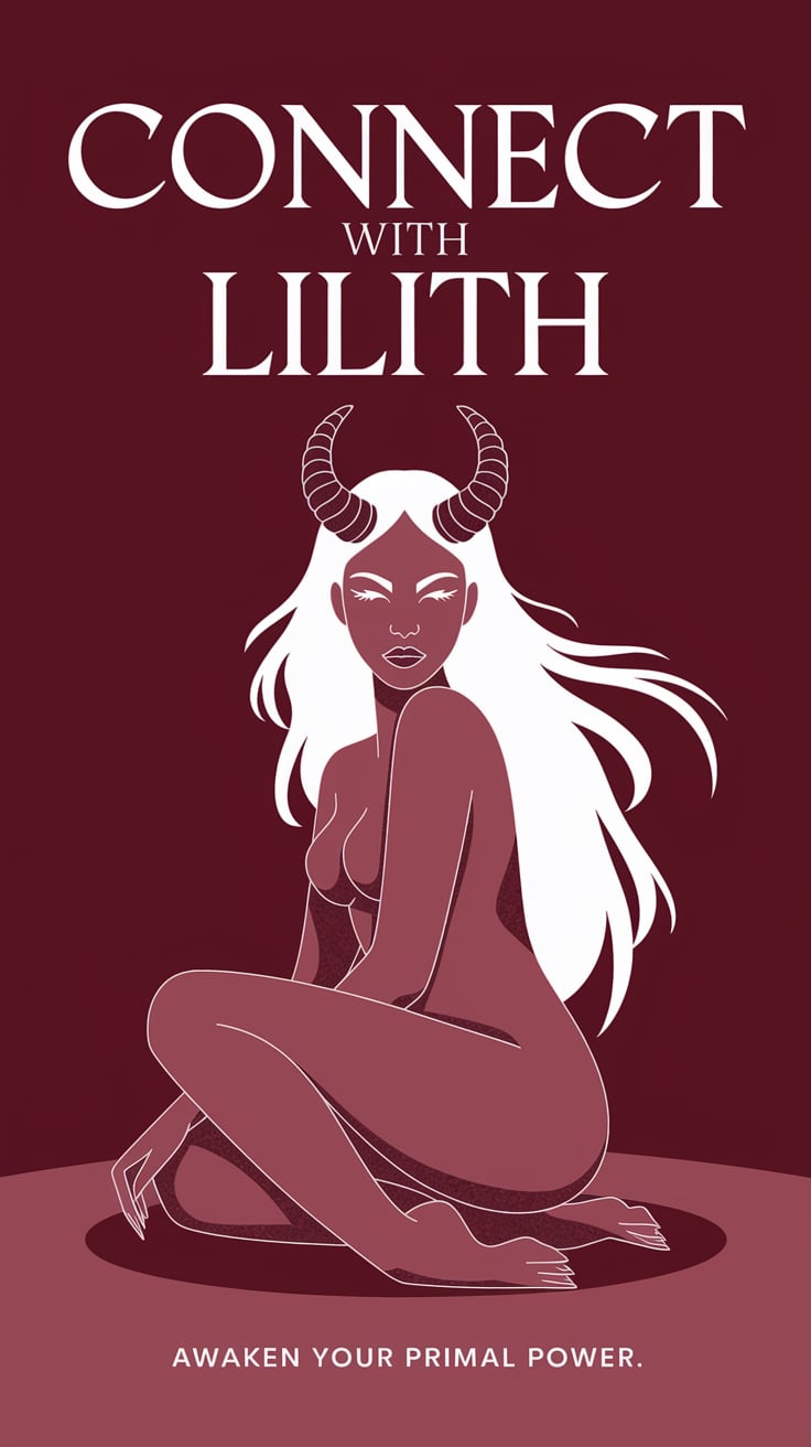 Connect With Lilith ‘Connect With Lilith’ — modern sans serif, high contrast white text over deep red background, sleek stone layout, minimalist illustration of a fierce feminine woman in image, mood: confident and grounded; bottom caption: ‘Awaken your primal power’