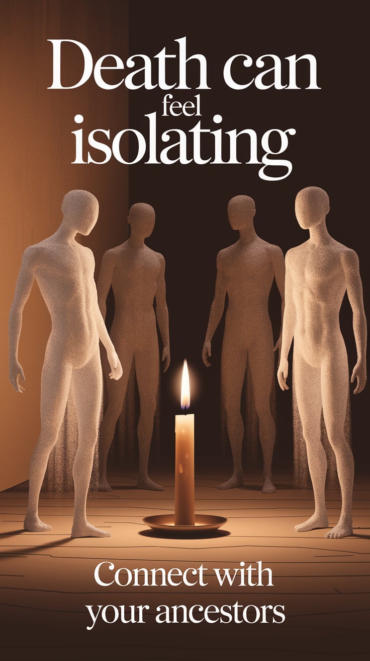 Connect with your ancestors ‘Death Can Feel Isolating’ — Large serif, middle, subdued color palette, lonely candle, faint spirits, reflective mood; bottom caption: ‘Connect with your ancestors’