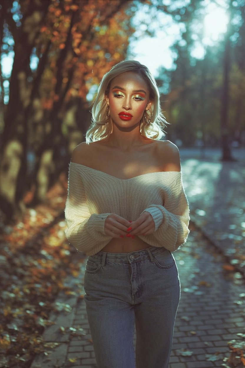 Woman with bronze and gold eyeshadow gradient and cherry red lips walking through autumn park at golden hour, embodying Hekate's torchbearer connection to light and warmth with copper and flame tones.