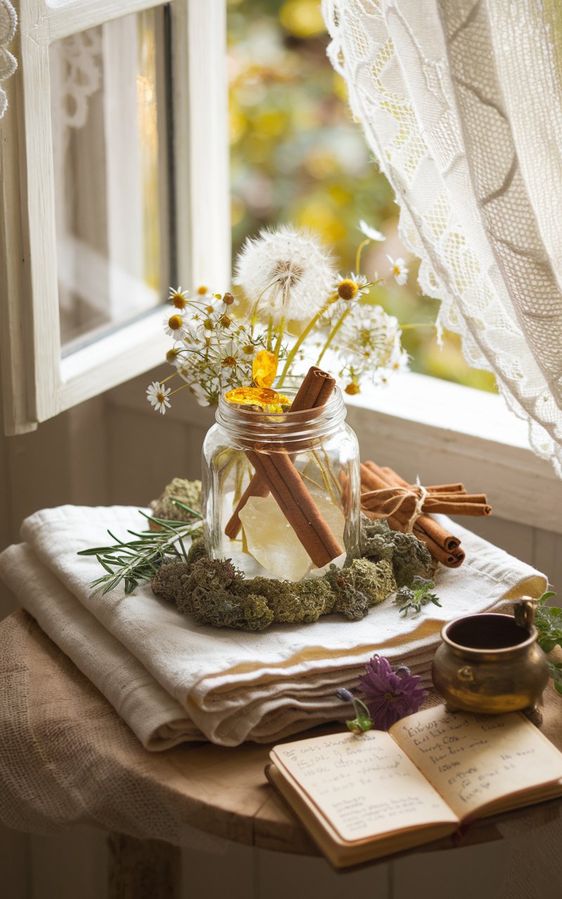 A glass jar filled with dandelion seeds, a vibrant citrine crystal, and cinnamon sticks resting on a soft linen cloth. The setup includes a wreath of moss, sprigs of rosemary, and delicate chamomile flowers. The background shows a cozy open window framed with lace curtains, letting in warm sunlight that highlights the earthy and whimsical cottagecore aesthetic.