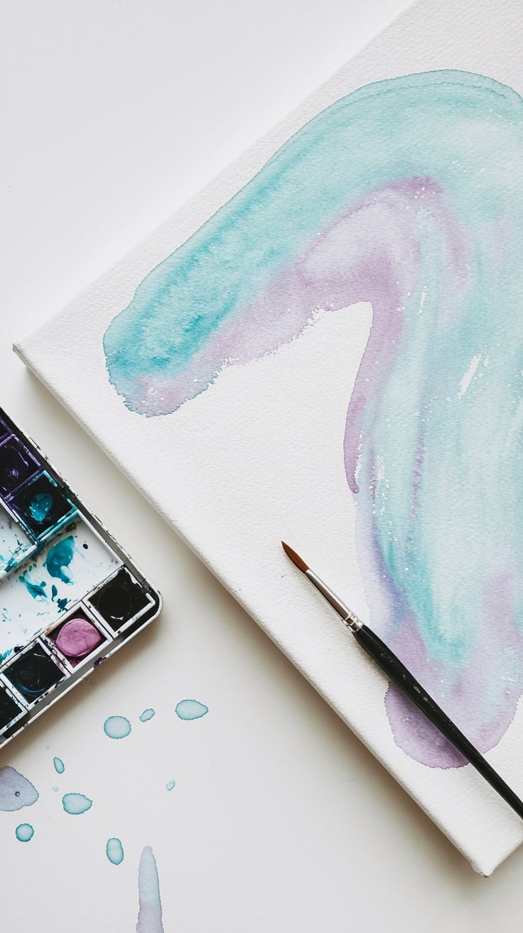 Creative arts in spellwork A bright and artistic flat lay of a watercolor painting in progress, featuring soft swirls of teal and lavender. A paintbrush lies beside a watercolor palette on a clean white surface, with small splashes of paint suggesting creative, magical energy.
