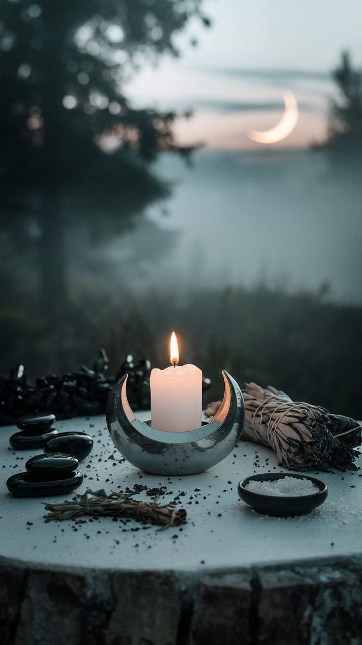 Crescent moon altar with candlelight in forest A serene outdoor altar with a crescent moon-shaped candle holder, a single white candle, black stones, sage bundles, and salt. The misty forest backdrop enhances the mystical ambiance, making it ideal for themes of moon rituals, nature-inspired spirituality, and crescent moon symbolism.
