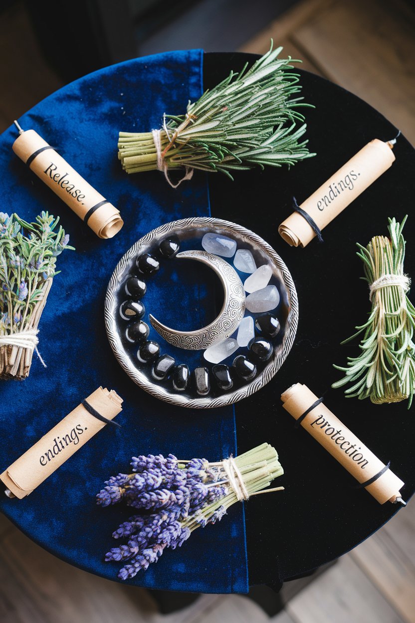 Crescent moon ritual table with crystals and lavender A beautifully arranged table for waning crescent moon rituals, featuring a silver crescent moon plate with black and white crystals, lavender bundles, and scrolls labeled "release" and "protection." Captures themes of ritual setups, magical correspondences, and emotional healing.