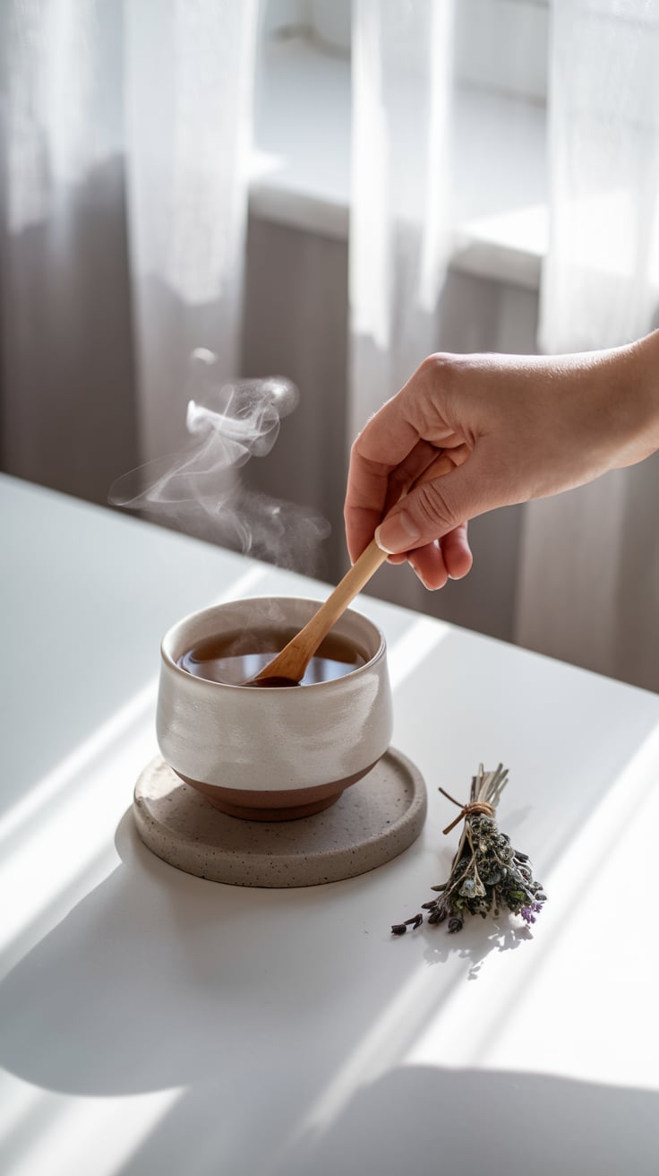 Daily magical tea ritual for baby witches A serene, minimalist image of a steaming cup of tea in a ceramic mug, with a hand gently stirring it using a wooden spoon. A small bundle of lavender and herbs rests nearby on a sunlit white table, inviting a sense of calm and intention for daily magic.