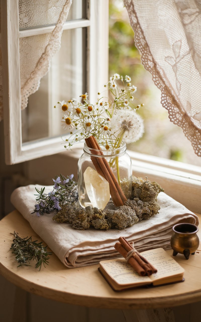A rustic wooden table adorned with a glass jar containing dandelion seeds, a large citrine crystal, and cinnamon sticks, surrounded by moss and wildflowers like chamomile. An open spellbook and a small brass cauldron add a subtle witchy charm, while sunlight streams through lace curtains, creating a warm and inviting countryside ambiance.
