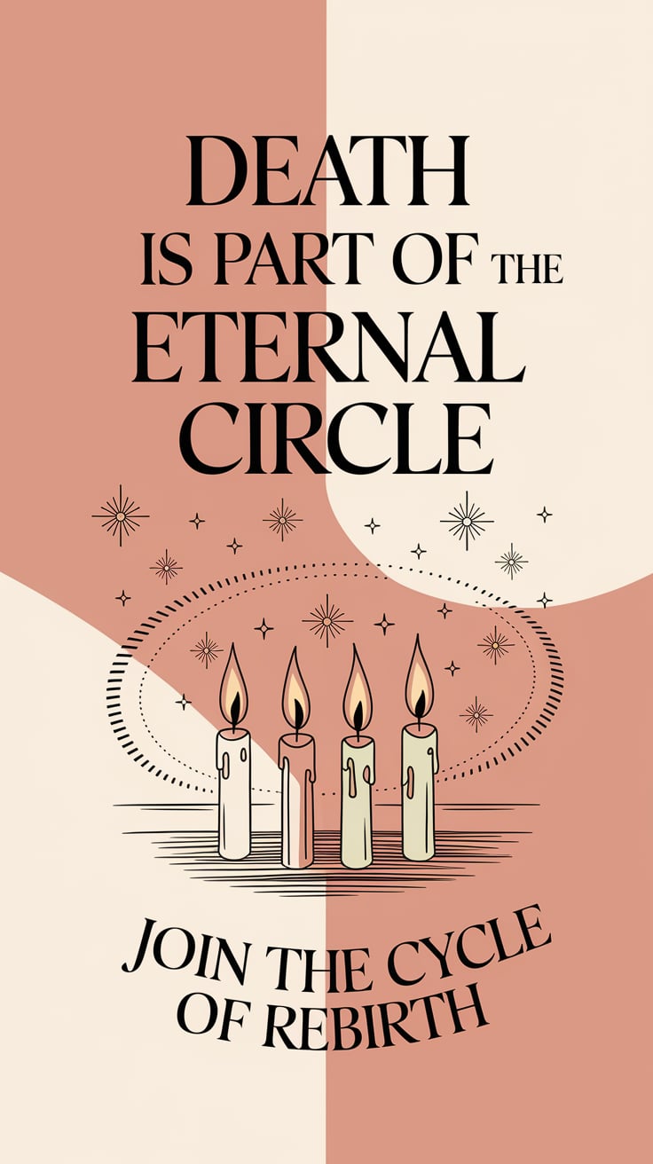 Death Is Part of the Eternal Circle ‘Death Is Part of the Eternal Circle’ — Serif font, upper third, blush and cream background, cosmic symbols, candles; bottom caption: ‘Join the cycle of rebirth’