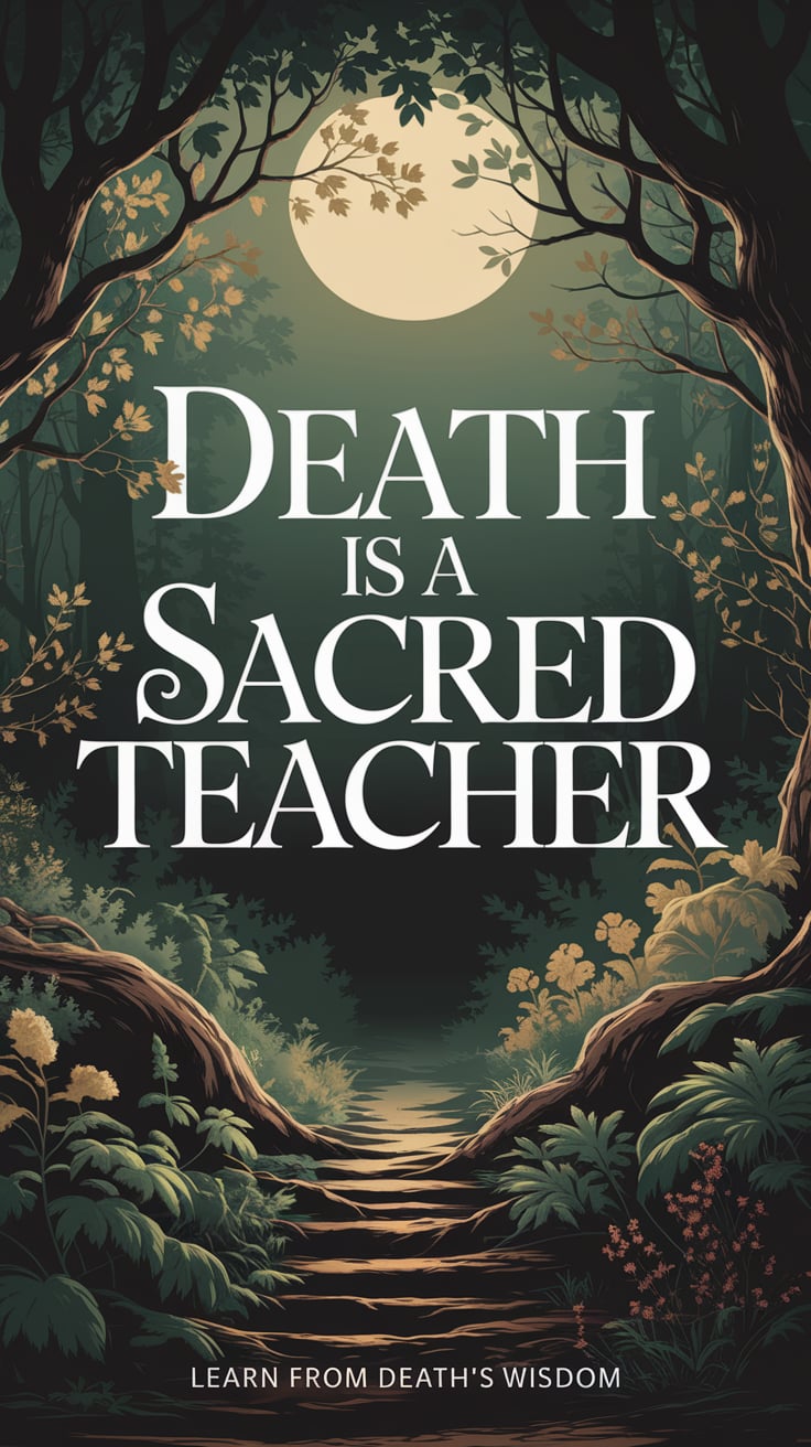 Death Is a Sacred Teacher ‘Death Is a Sacred Teacher’ — Large serif font, across middle, soft greens and golds, enchanted forest vibe, subtle moonlight; bottom caption: ‘Learn from death’s wisdom’