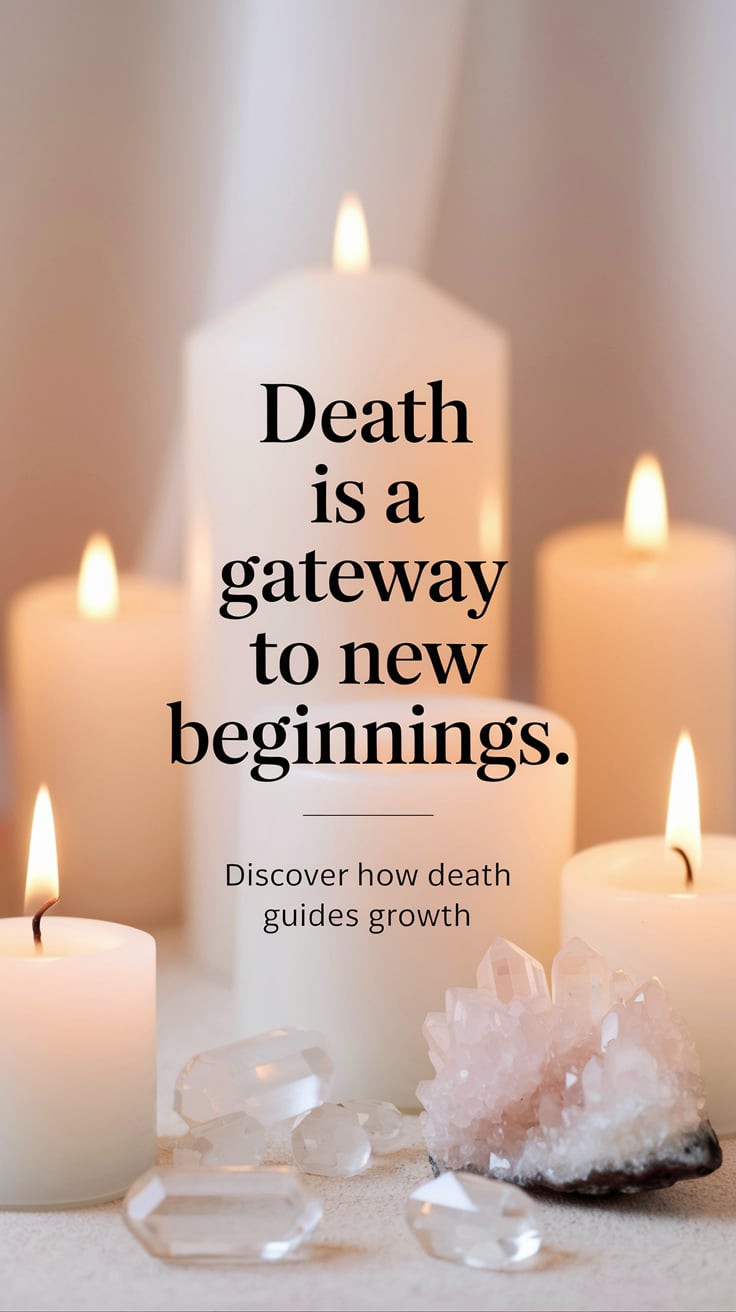 Discover how death guides growth ‘Death Is a Gateway to New Beginnings’ — Simple serif font, centered, calming pastel background, soft candles and crystals, inviting peace; bottom caption: ‘Discover how death guides growth’