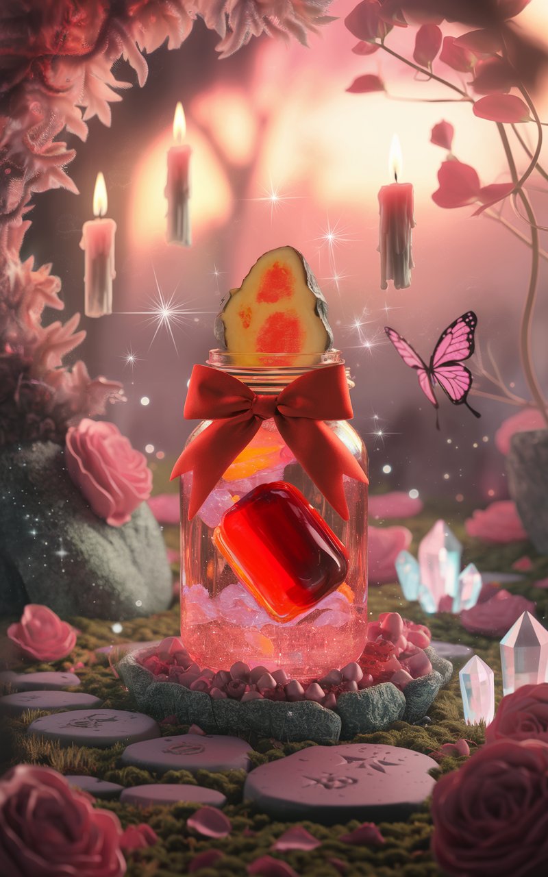 Energy Boost Jar Spell: Motivate Your Spring with Ginger and Carnelian 4 A glowing jar filled with ginger slices and a radiant carnelian stone, wrapped with a red ribbon, sits on a bed of moss and roses. Sparkling light surrounds the scene, with floating candles and pastel butterflies adding to the ethereal, enchanted garden aesthetic.