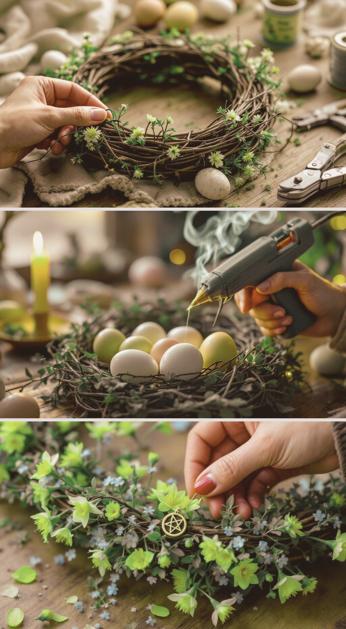 Top Image: A grapevine wreath is being wrapped with delicate green flowers and foliage. A pair of hands carefully weaves the stems into the vines, with scattered crafting tools like floral wire, eggs, and wire cutters visible on the rustic wooden table. Middle Image: A close-up of a glue gun dripping hot glue onto a pastel-colored egg nestled into the wreath. Steam rises from the tip of the glue gun, emphasizing the hands-on crafting process. Bottom Image: A small gold pentacle charm is tucked carefully into the wreath among pale green and blue flowers. A hand with painted nails gently adjusts the placement, surrounded by scattered petals and leaves on the table.