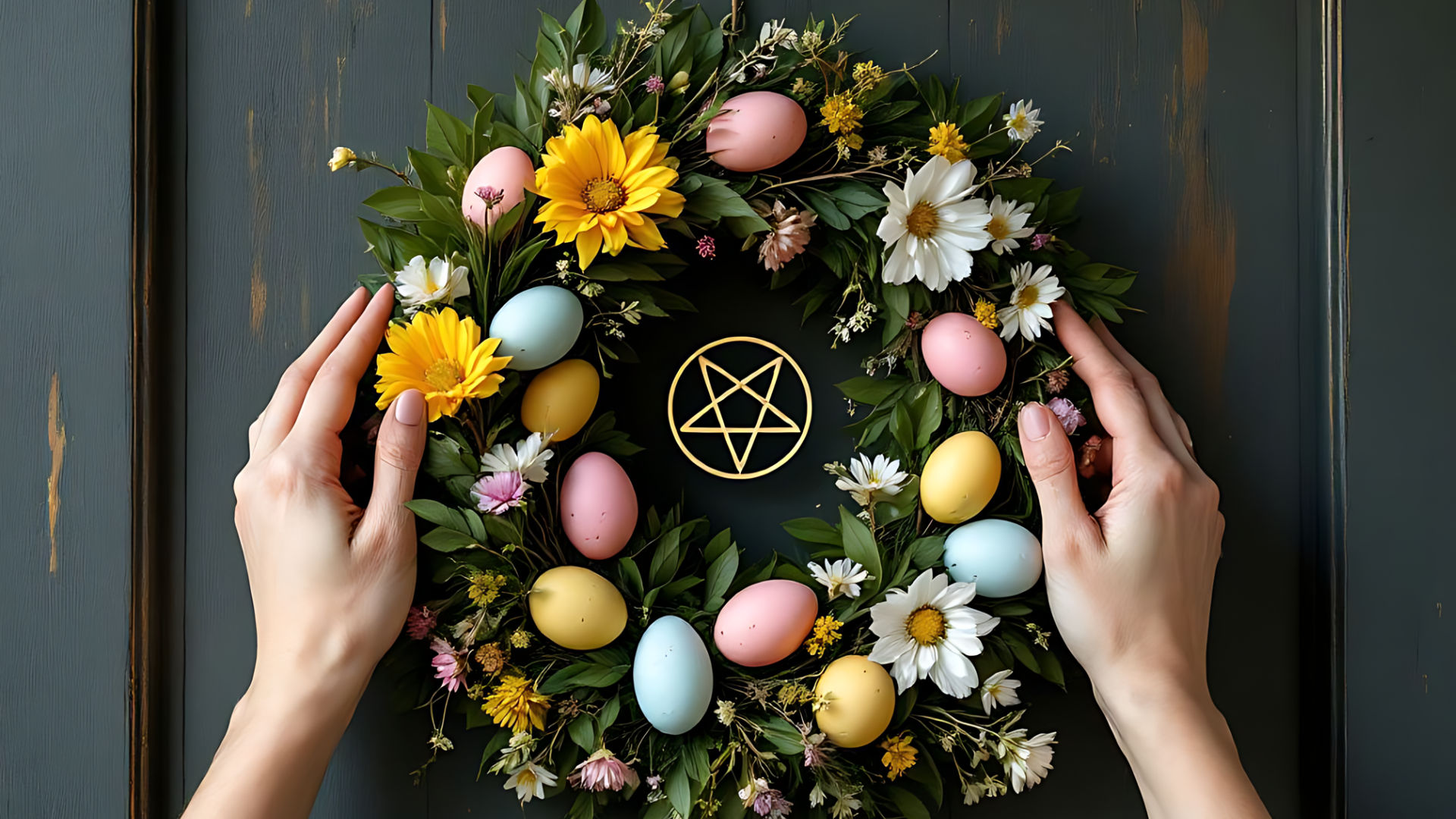 A close-up shot of a beautifully crafted Easter wreath with pastel-colored eggs, yellow daisies, white daisies, and lush green foliage. In the center of the wreath, a golden pentacle charm is subtly incorporated into the design, blending seamlessly with the natural elements. Two hands, with neatly trimmed nails, adjust the wreath on a dark, rustic wooden background. The vibrant spring colors and floral accents create a festive, magical atmosphere.