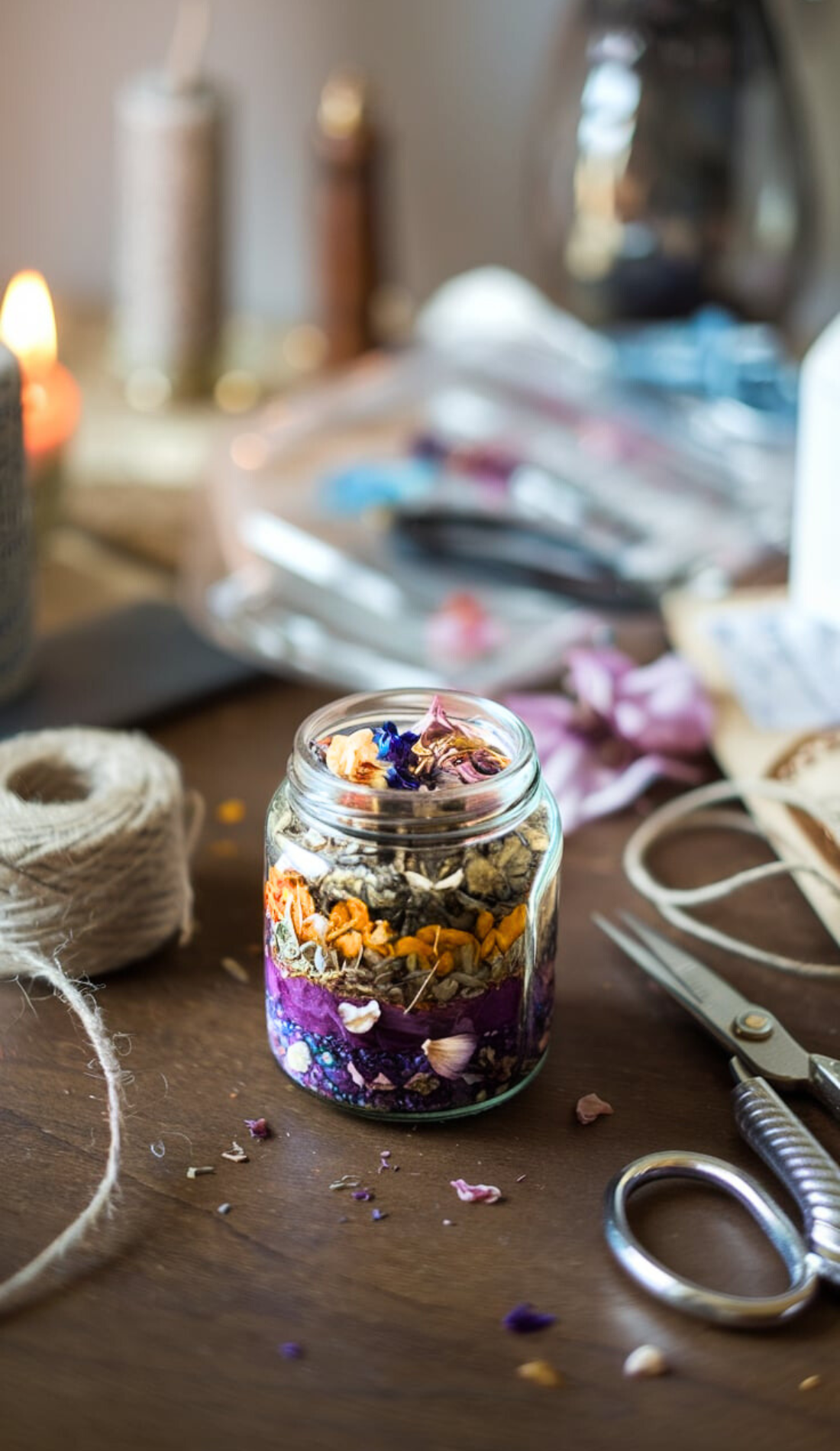 A spell jar filled with vibrant layers of herbs and dried flowers is surrounded by crafting tools like twine and scissors on a wooden table. Represents witchy morning routines and self-care bullet journal inspiration, combining witch rituals with energizing morning routines. Inspires creativity for healthy lifestyle habits and vision board photos.