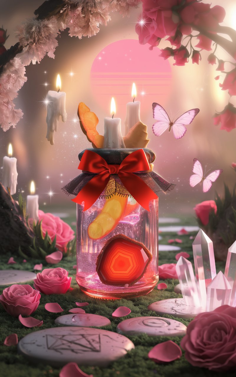 Energy Boost Jar Spell: Motivate Your Spring with Ginger and Carnelian 5 A whimsical glass jar filled with vibrant ginger slices, a glowing carnelian stone, and sparkling pink liquid. The jar is adorned with a bold red ribbon and surrounded by floating candles, delicate pastel butterflies, and pink roses. A dreamy, otherworldly atmosphere is created by soft lighting and blurred edges.
