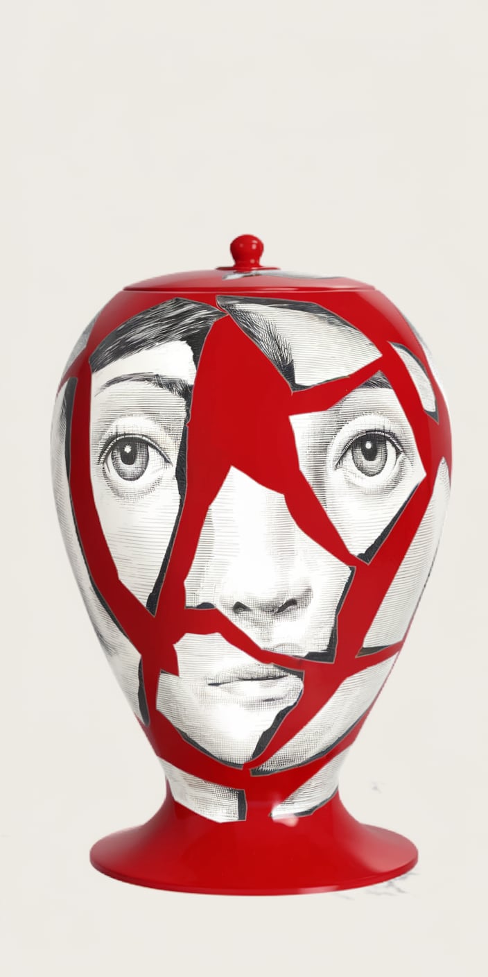 Bold Fornasetti Cocci 13" vase featuring Lina Cavalieri's fragmented face design in black and white against a striking red background. The unique handcrafted porcelain piece stands out as a quirky yet elegant statement decor, blending artistic charm with playful sophistication.