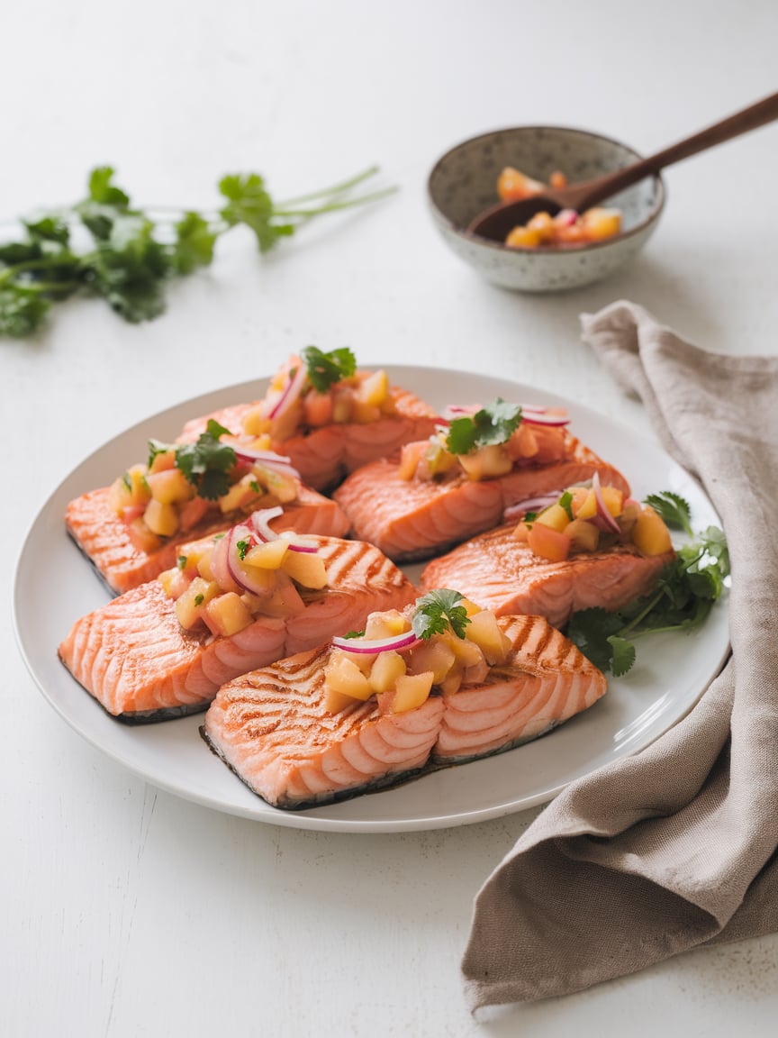 Fresh peach salsa on salmon A wider angle of five grilled salmon fillets on a clean white plate, topped with fresh peach salsa. The colors are vibrant, with the yellow-orange peaches and green cilantro providing a lively contrast against the pink salmon. A rustic beige napkin is loosely folded nearby, while the background features a sprig of cilantro and a small bowl of extra salsa, slightly out of focus. The natural lighting and clean aesthetic give the dish a fresh, hyperrealistic quality.