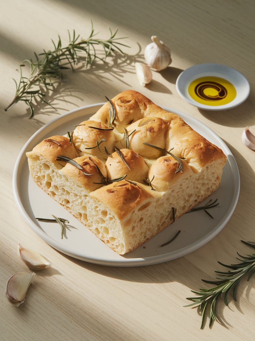 A square slice of focaccia bread is presented on a minimalist beige plate. The bread's porous interior and lightly crispy crust are highlighted, with rosemary sprigs scattered across the surface. A small dipping dish of olive oil sits beside the bread, while rosemary and garlic cloves decorate the table, evoking the rustic beauty of a Lughnasadh harvest feast.