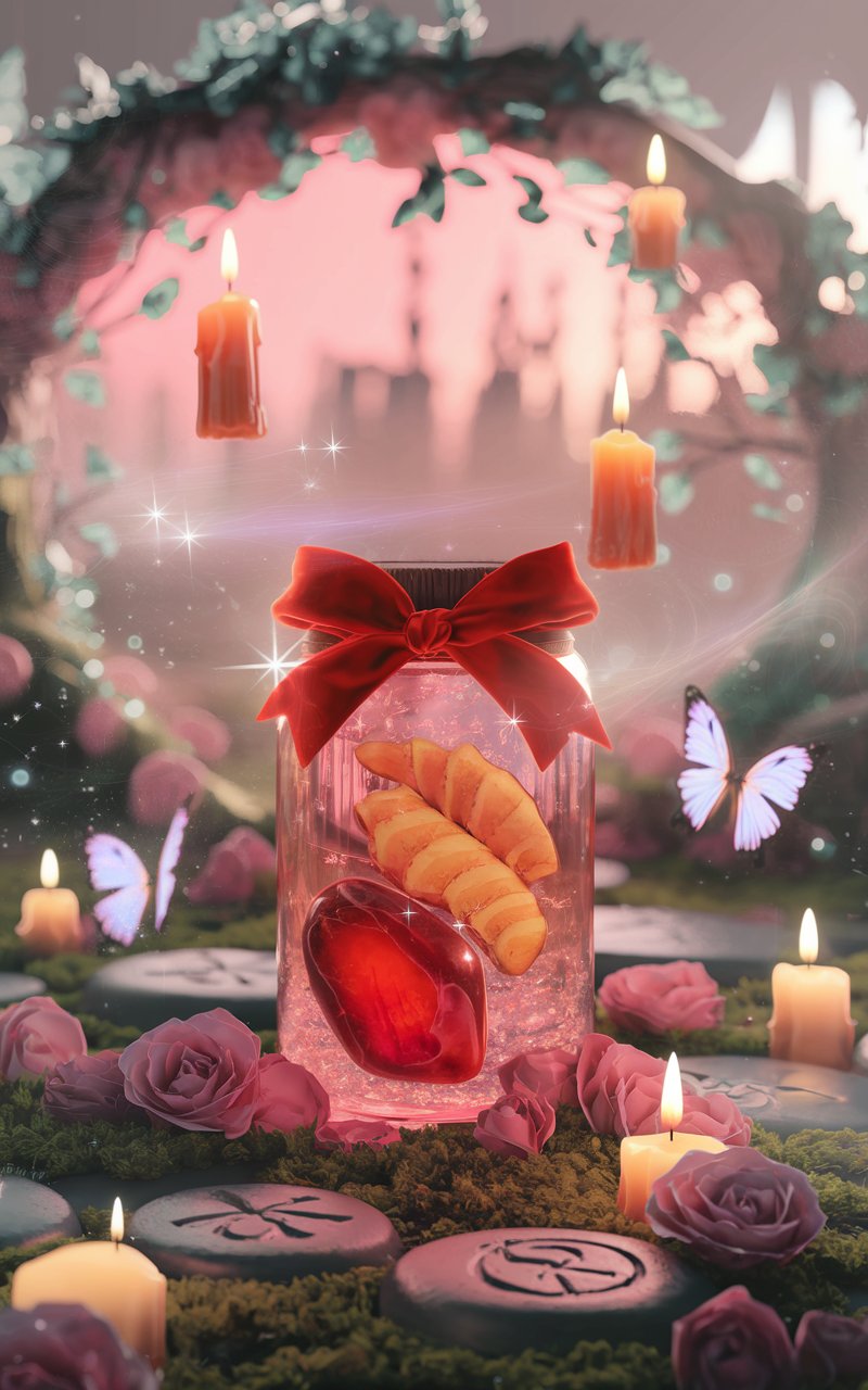 Energy Boost Jar Spell: Motivate Your Spring with Ginger and Carnelian 2 A surreal scene featuring a glowing jar containing ginger slices and a vibrant red carnelian crystal. The jar is decorated with a large red bow, resting on a mossy surface with engraved stones and surrounded by floating candles, fluttering butterflies, and soft pink flowers. The hazy background evokes a magical, dreamlike quality.