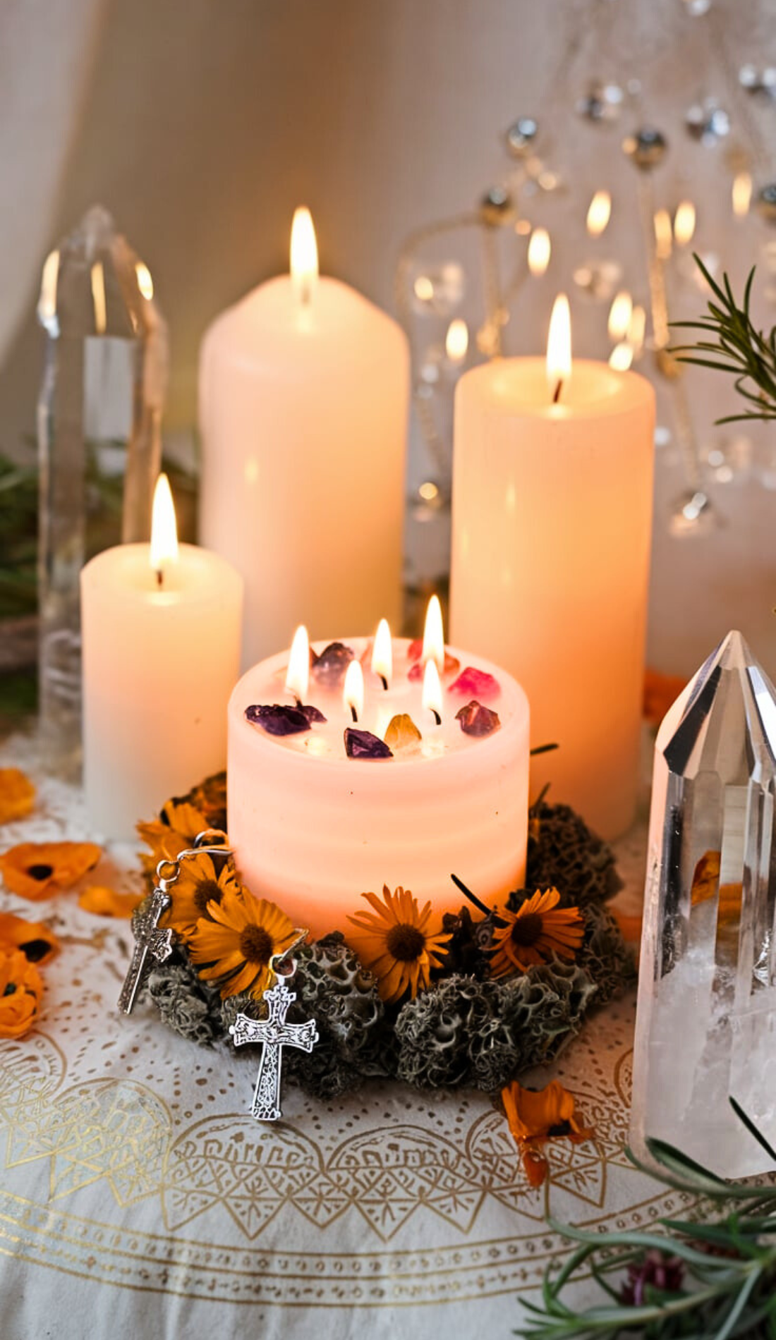 White candles with embedded crystals and surrounded by orange flowers, crosses, and clear quartz. This image symbolizes purification and spiritual growth, offering a sacred and meaningful altar idea for Imbolc celebrations.
