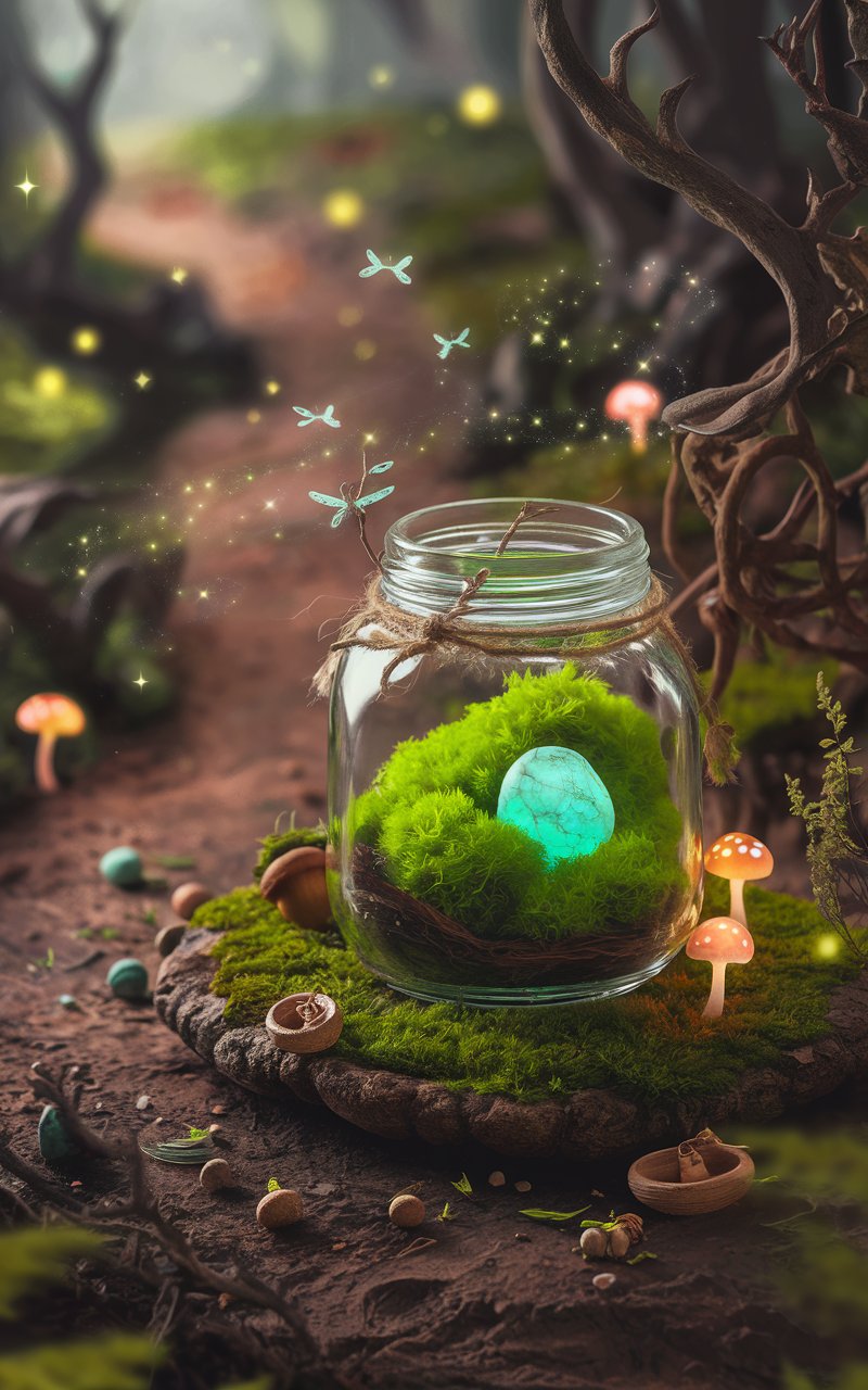 Goblincore nature spell jar A whimsical glass jar topped with moss and holding a glowing turquoise stone sits on a circular wooden platform covered in moss. Tiny glowing mushrooms, acorns, and scattered twigs surround the jar. Fireflies and glowing motes dance in the air, adding a magical touch to the rustic goblincore forest setting.