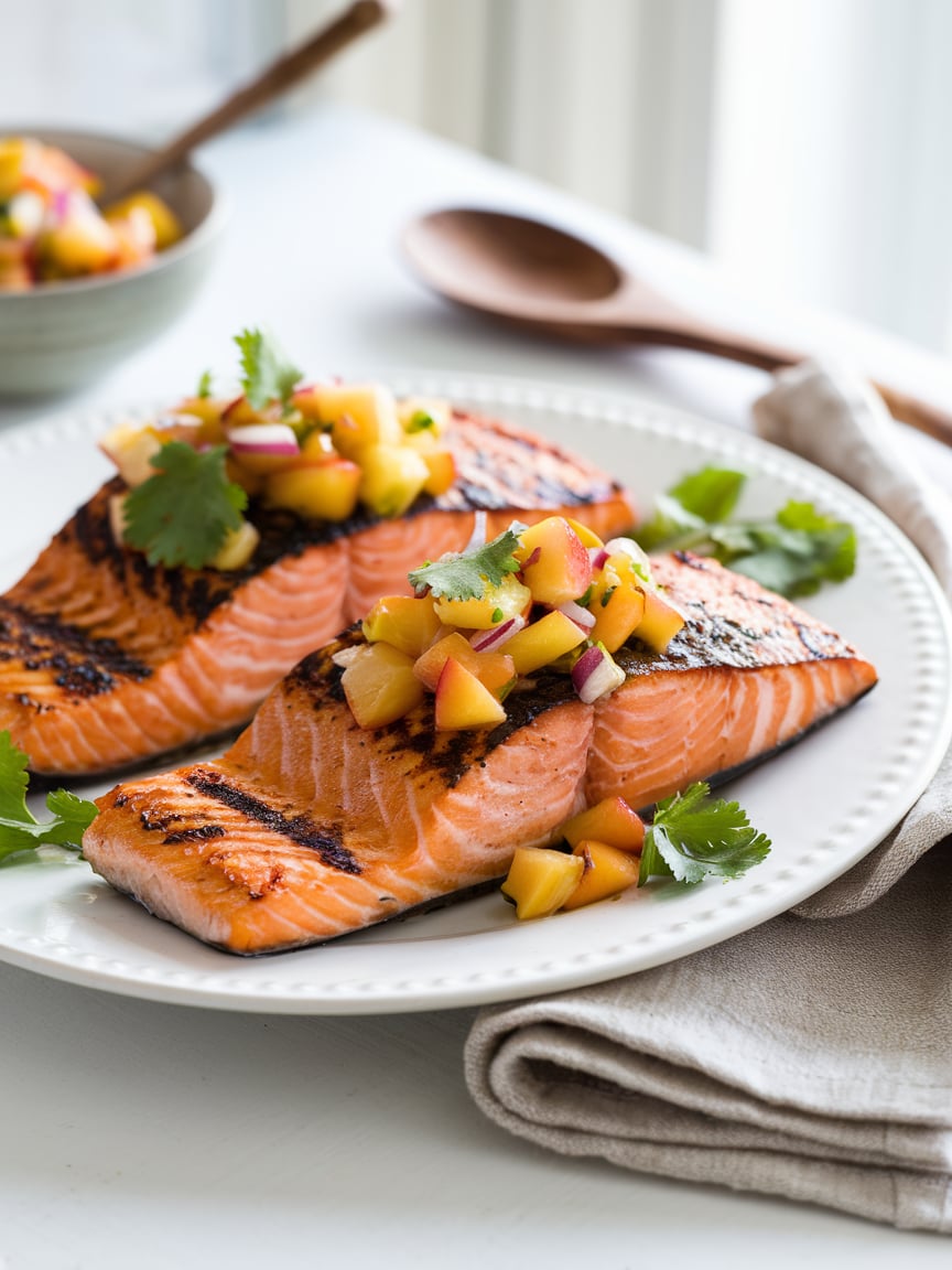 Grilled salmon with peach salsa Two grilled salmon fillets with perfect grill marks are plated side by side on a textured white plate. Each fillet is garnished with a spoonful of vibrant peach salsa made with diced peaches, red onions, and fresh cilantro. The background is softly blurred, with a beige napkin and a wooden spoon adding warmth to the composition. The lighting is bright yet soft, evoking a cozy, home-cooked meal aesthetic while highlighting the fresh, natural colors of the dish.