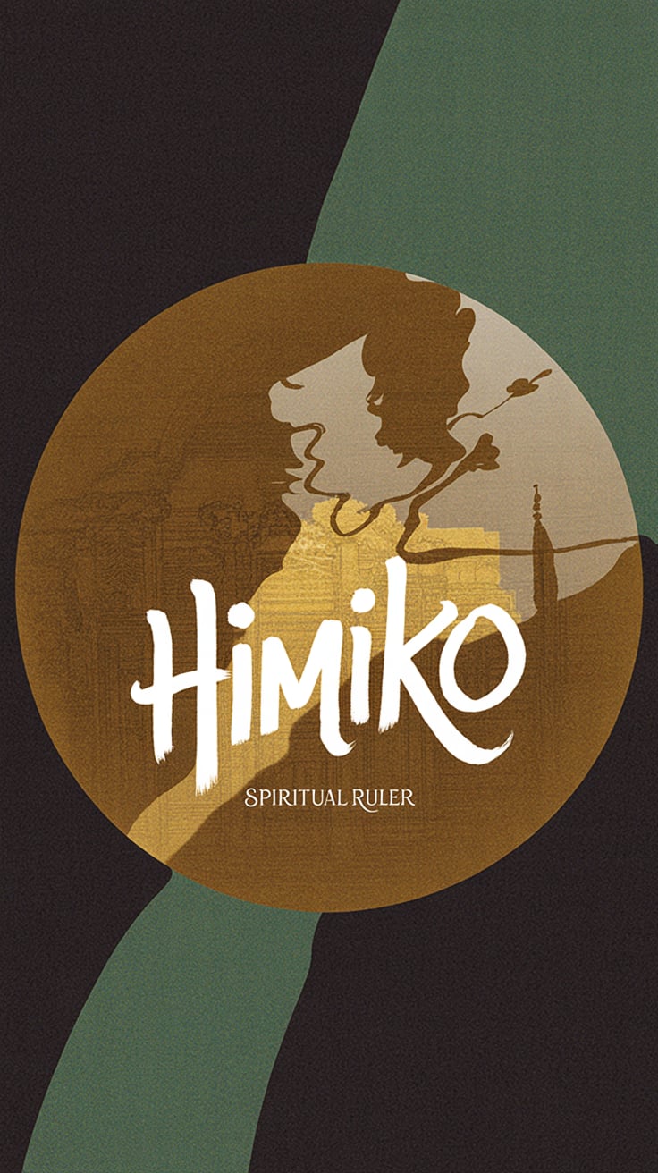 HIMIKO A close-up of an ancient Japanese bronze mirror showing a regal female silhouette, shot from below with a fish-eye effect. Cherry blossoms swirl across the frame. The image has a rich emerald green tint that gives it a mystical quality. The name "HIMIKO" stands out in the center in bold white calligraphy-style font, taking up about a third of the image. Below in small, delicate text: "Spiritual Ruler." Strong lighting creates shadows and highlights the bronze texture, with sunlight piercing through temple ruins behind.