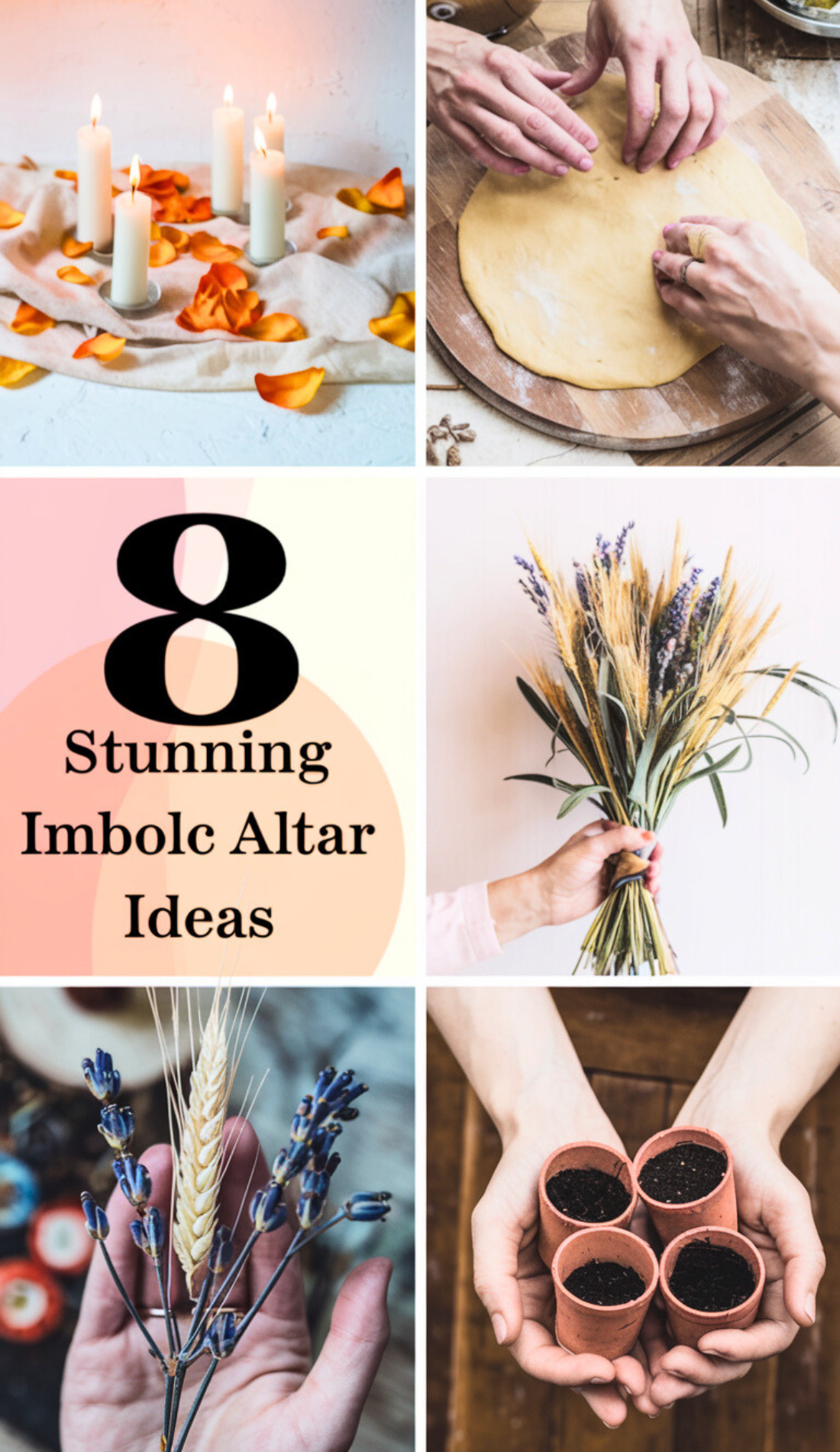 Collage of DIY and natural Imbolc altar ideas, including baking bread, seed planting, and dried flower bouquets. This image emphasizes creative and symbolic activities for Imbolc, inspiring readers to incorporate traditional practices into their celebrations.