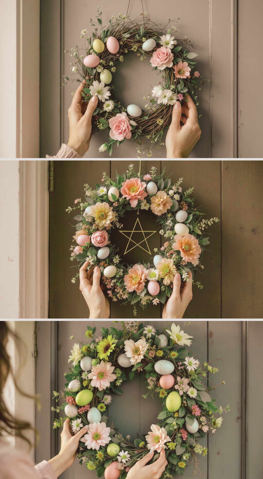 Top Image: A pair of hands holds a delicate Easter wreath with pastel eggs, white daisies, and pink roses against a muted, painted door. The design is airy and simple, highlighting the fresh spring colors. Middle Image: A more elaborate wreath featuring vibrant pink and peach flowers, pastel eggs, and a prominent gold pentacle in the center. The wreath is displayed on a rustic wooden door, balanced with natural greenery. Bottom Image: A lush and colorful wreath adorned with vibrant green foliage, pink daisies, and pastel eggs. A person adjusts the wreath while it hangs on a spring-green door, showcasing the vibrant details and natural flow of the design.
