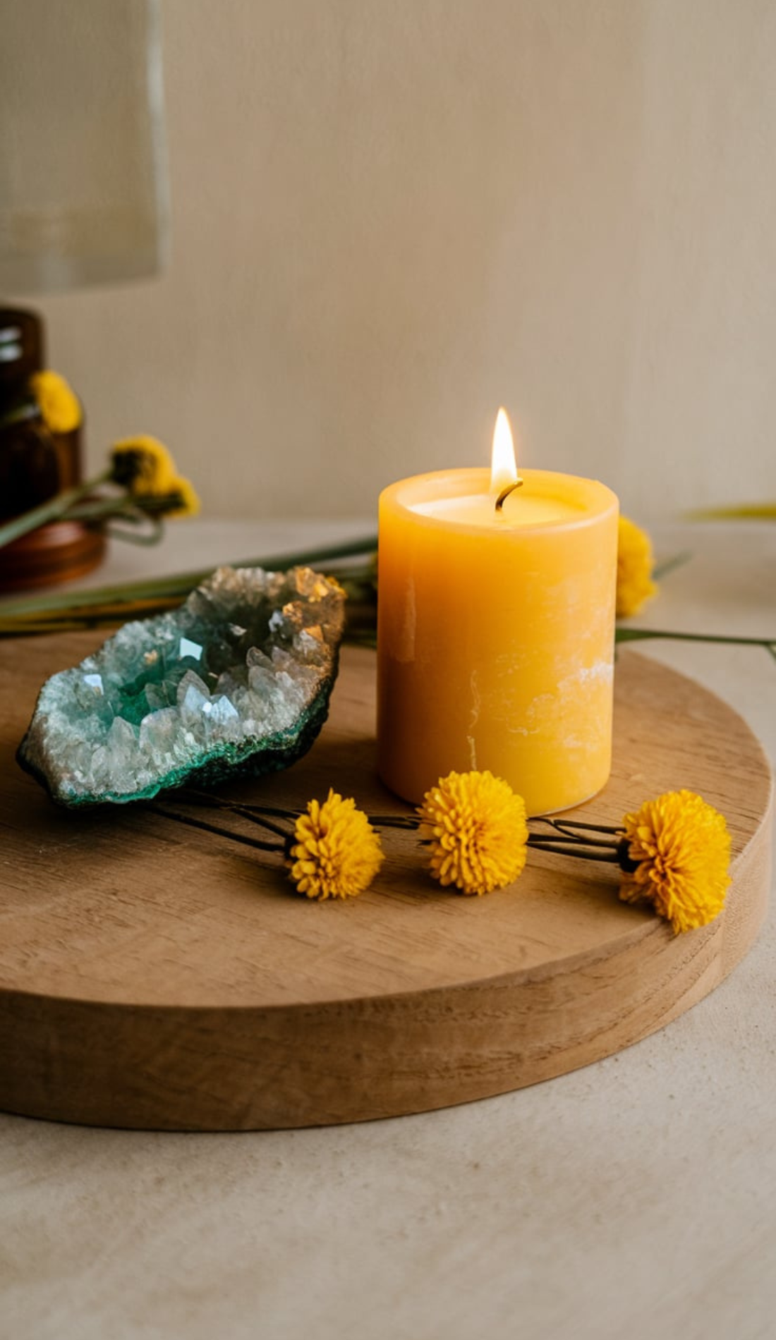 A vibrant yellow candle burns next to a sparkling geode and small yellow flowers on a wooden tray. Reflects the warmth and serenity of morning rituals for witchy morning routines, healing, and energy-focused mindfulness practices.