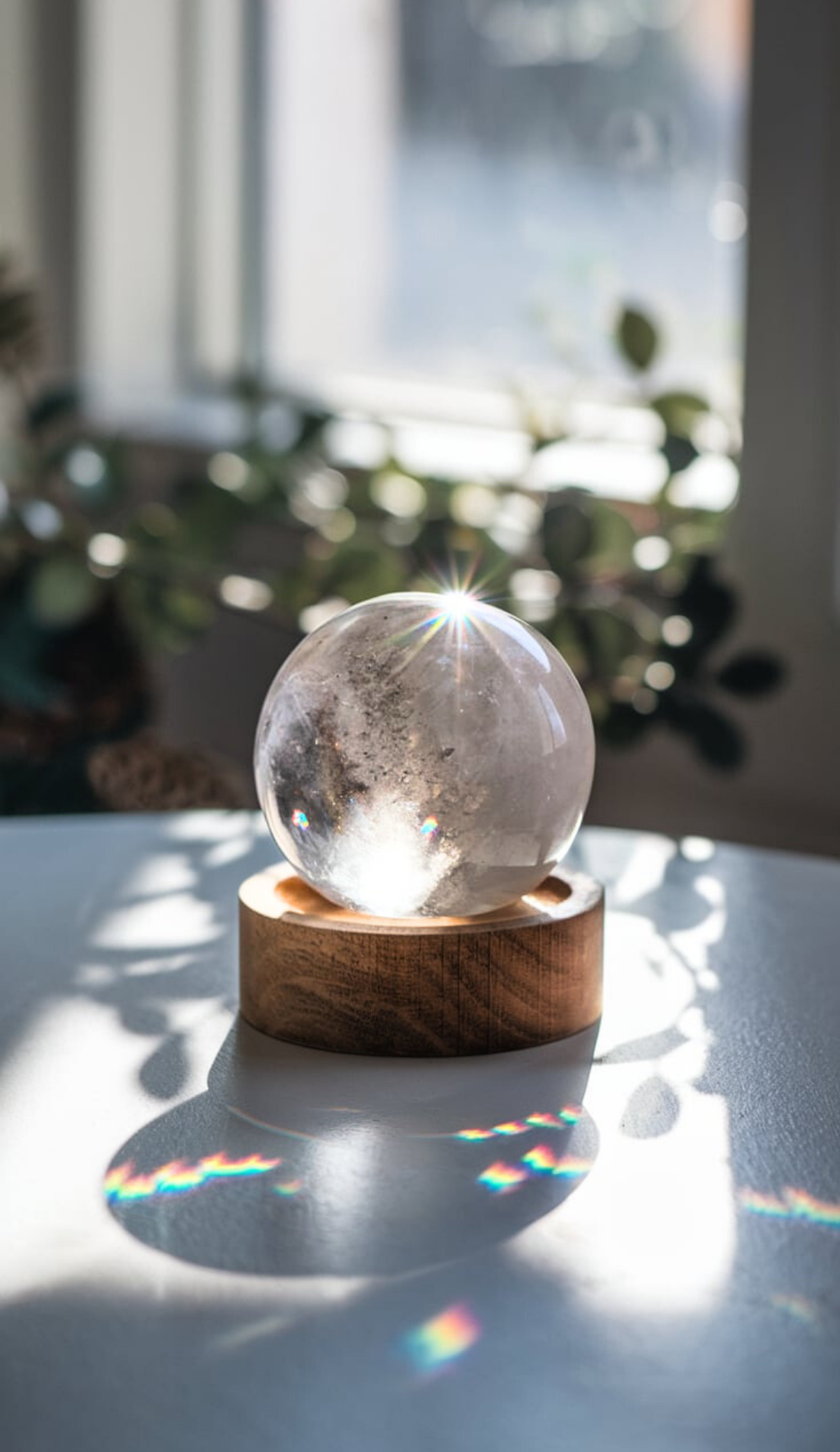 A crystal ball on a wooden stand reflecting rainbows from sunlight, surrounded by soft shadows and greenery. Embodies morning ritual aesthetics and energy healing spirituality, perfect for a morning grounding ritual or vision board inspiration. Inspires manifesting a good day with positivity and intention.