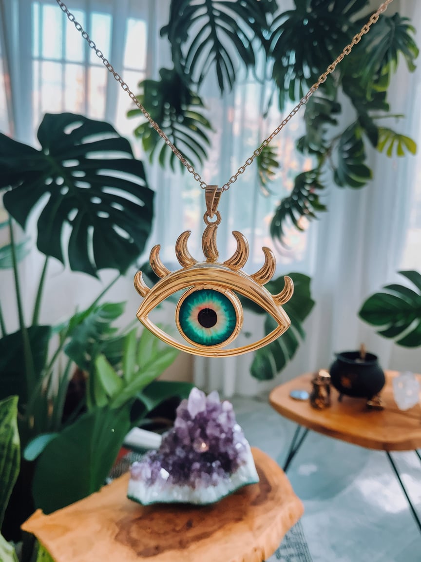 A gold pendant with a realistic green and blue iris and crescent moon accents, hanging on a delicate gold chain. The background is filled with tropical plants like monstera and palms, along with witchy decor such as crystals and a small cauldron. Bright natural light enhances the mystical and vibrant setting.