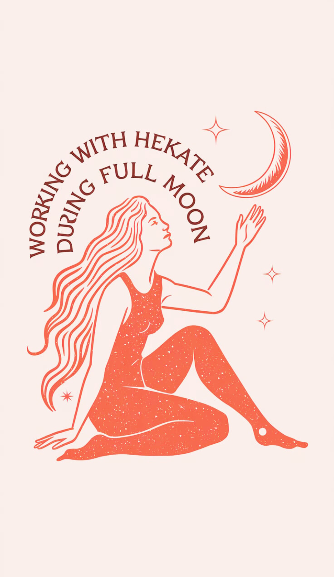Book cover for 'Working with Hekate During Full Moon.' Illustrates a red line art of a woman gazing up at a crescent moon, surrounded by stars on a soft beige background.