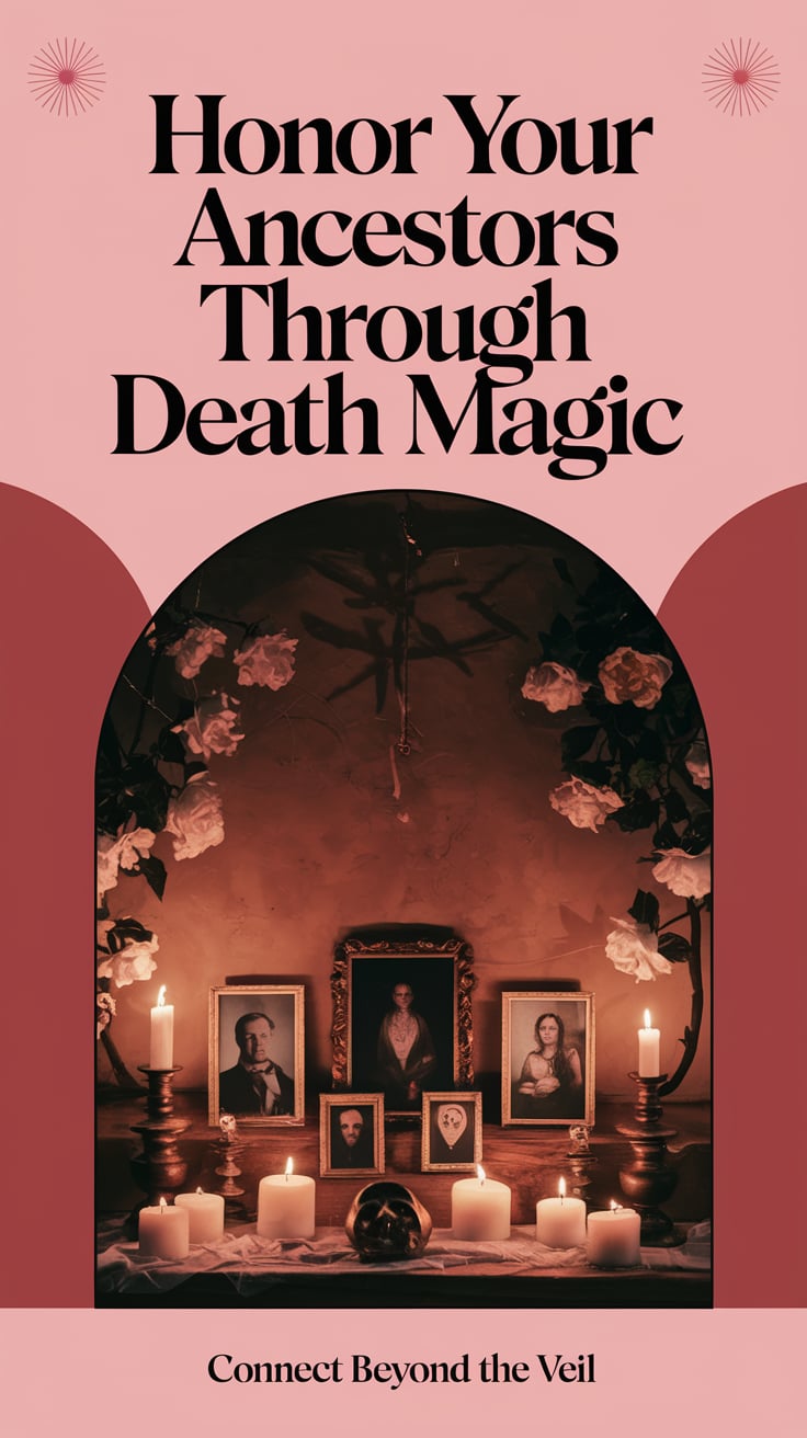 Honor Your Ancestors Through Death Magic ‘Honor Your Ancestors Through Death Magic’ — Modern sans serif, upper third, warm pinks, altar with images of loved ones, candles lit; bottom caption: ‘Connect beyond the veil’