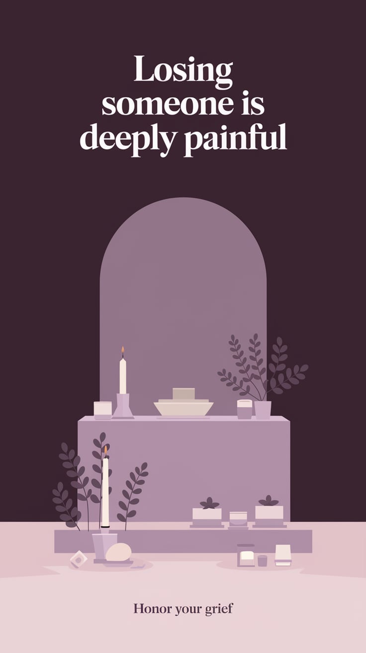 Honor your grief ‘Losing Someone Is Deeply Painful’ — Simple, bold serif, top third, soft dark purples, quiet altar, minimal symbols of remembrance; bottom caption: ‘Honor your grief’