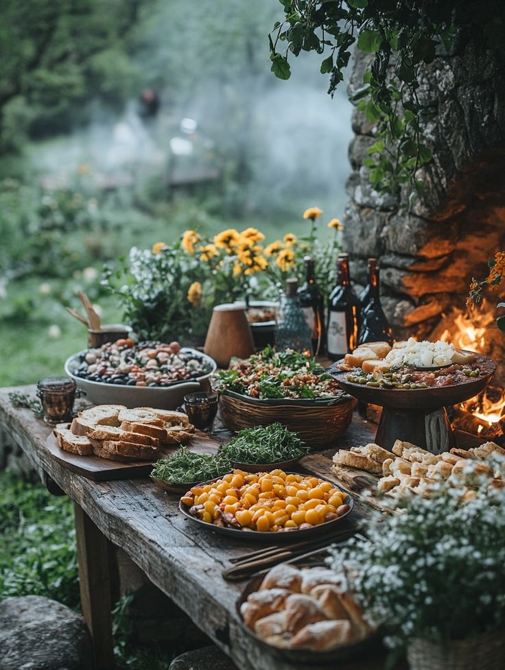 A beautifully set table with seasonal foods and drinks, featuring a lush outdoor setting for an Imbolc feast. The earthy tones and vibrant dishes evoke a sense of connection to nature and community. If you try this setup, you’ll love the joy of sharing seasonal abundance with friends and family during your ritual celebrations!
